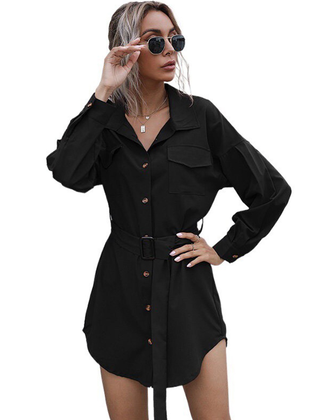 

StyleCast Black Cuffed Sleeves Cotton Shirt Mini Dress