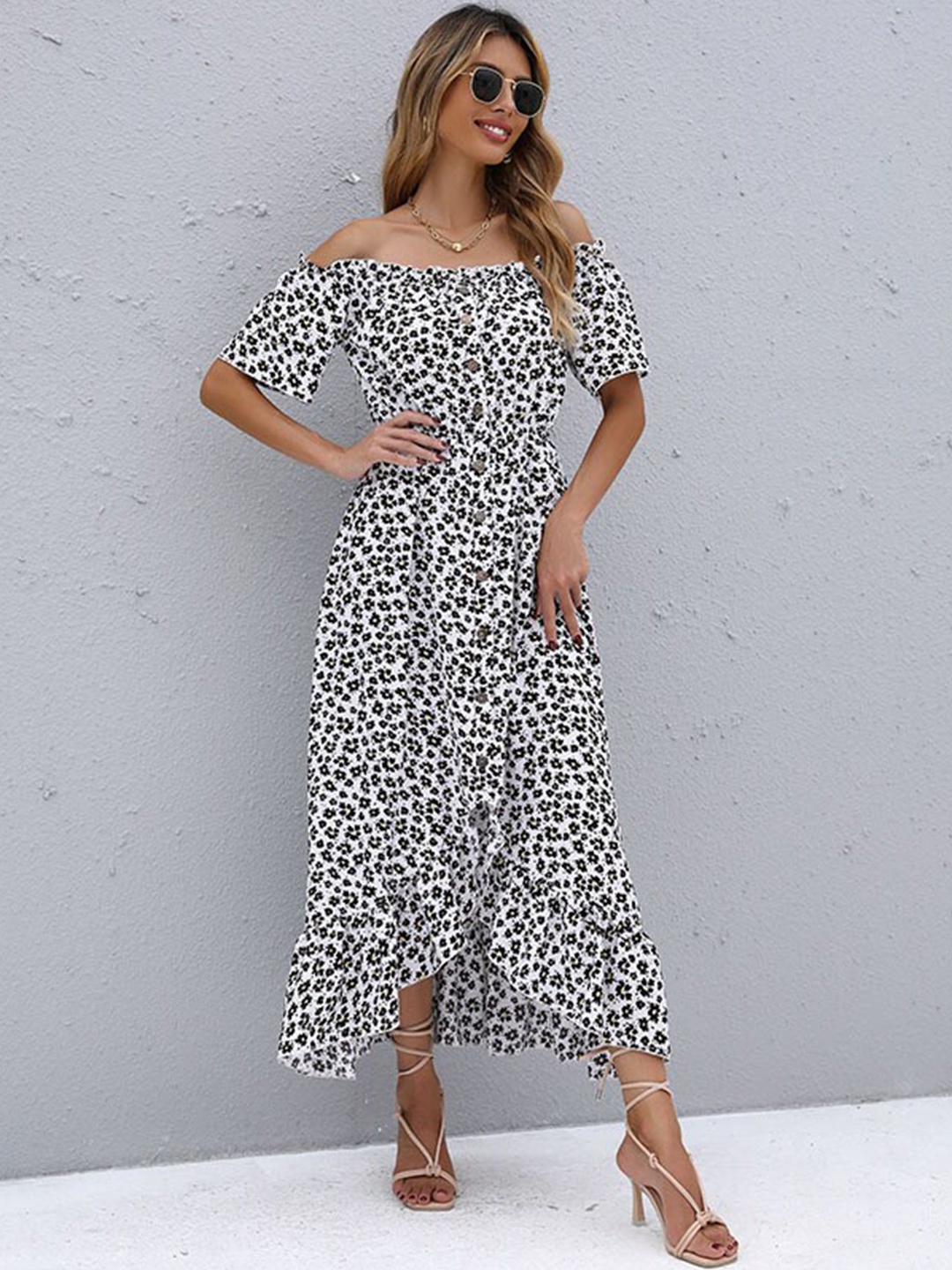 

StyleCast White Floral Print Off-Shoulder Flared Sleeve Fit and Flare Dress