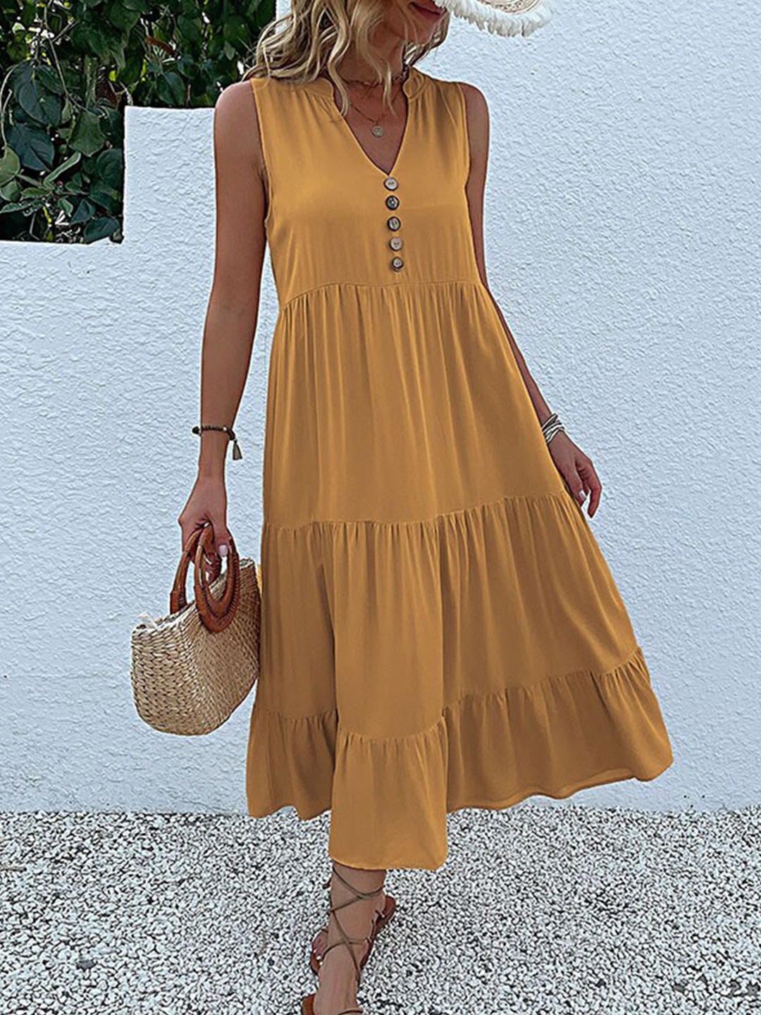 

StyleCast Yellow Mandarin Collar Sleeveless A-Line Dress