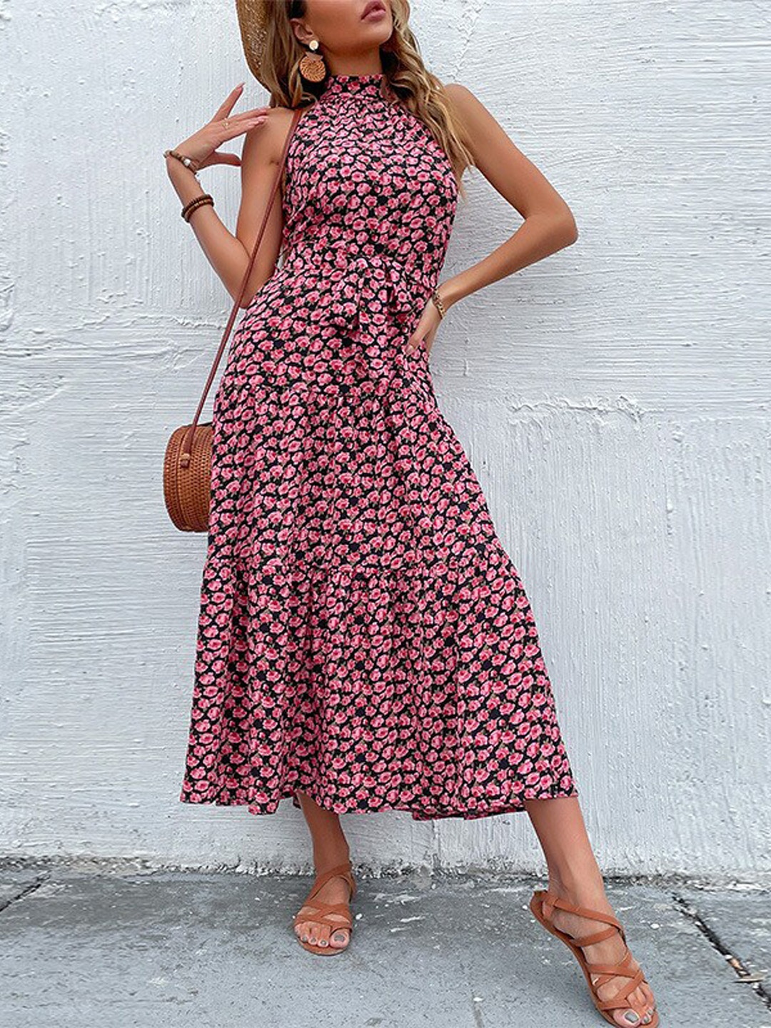 

StyleCast Pink Floral Printed High Neck Sleeveless Tiered Detail A-Line Midi Dress