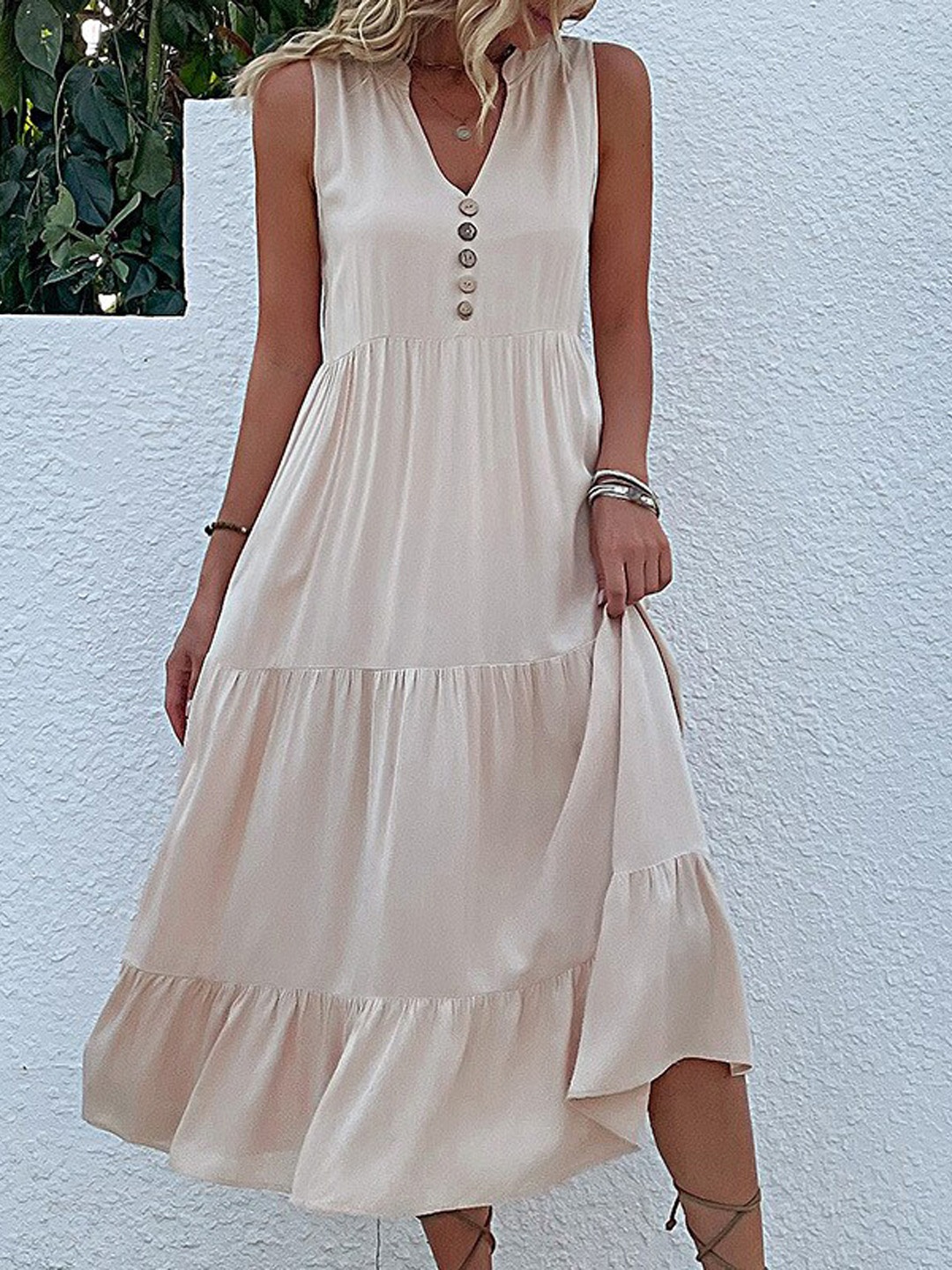 

StyleCast Beige Tiered Midi A-Line Dress