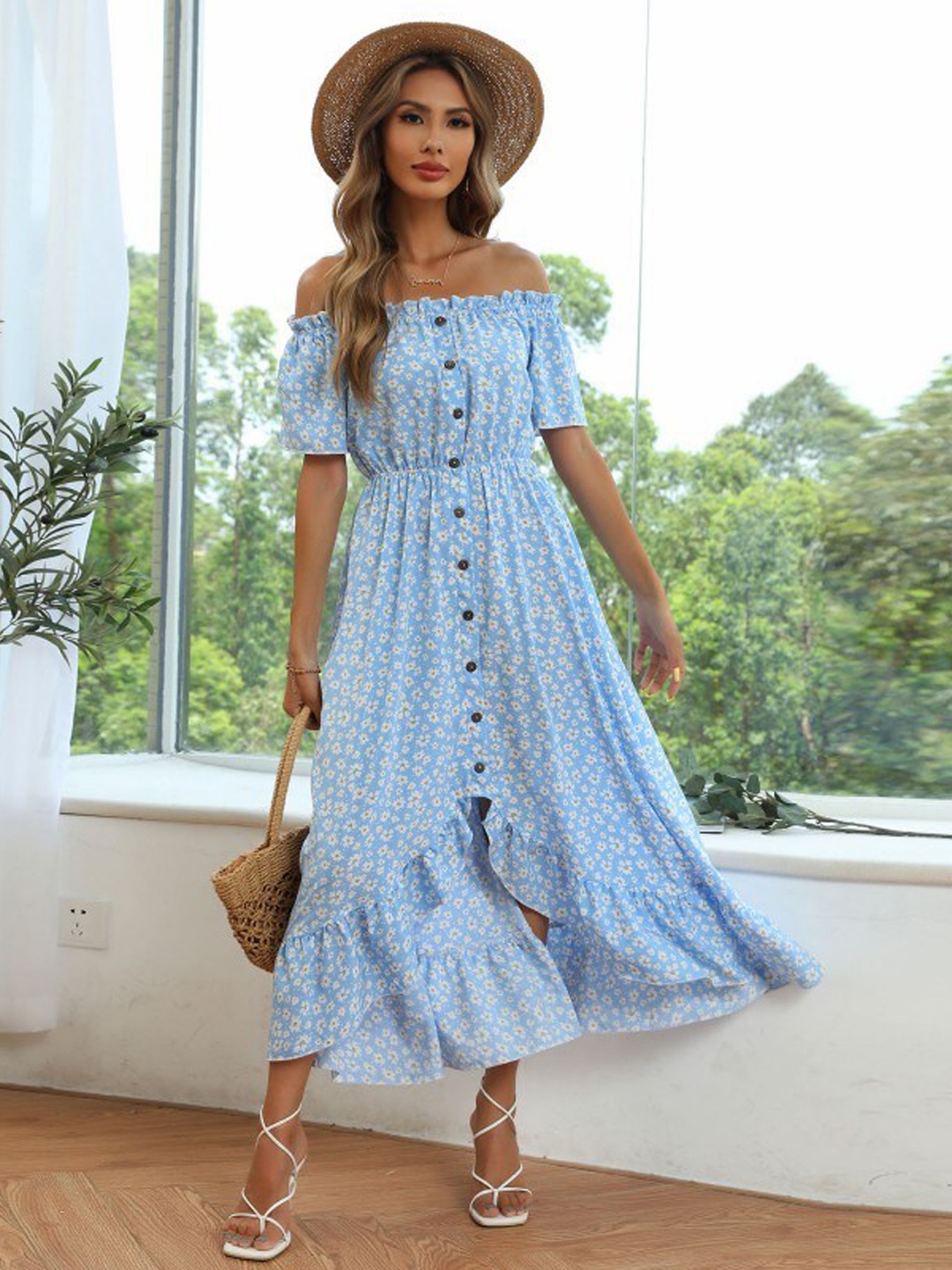 

StyleCast Blue Floral Printed Off-Shoulder Fit & Flare Dress