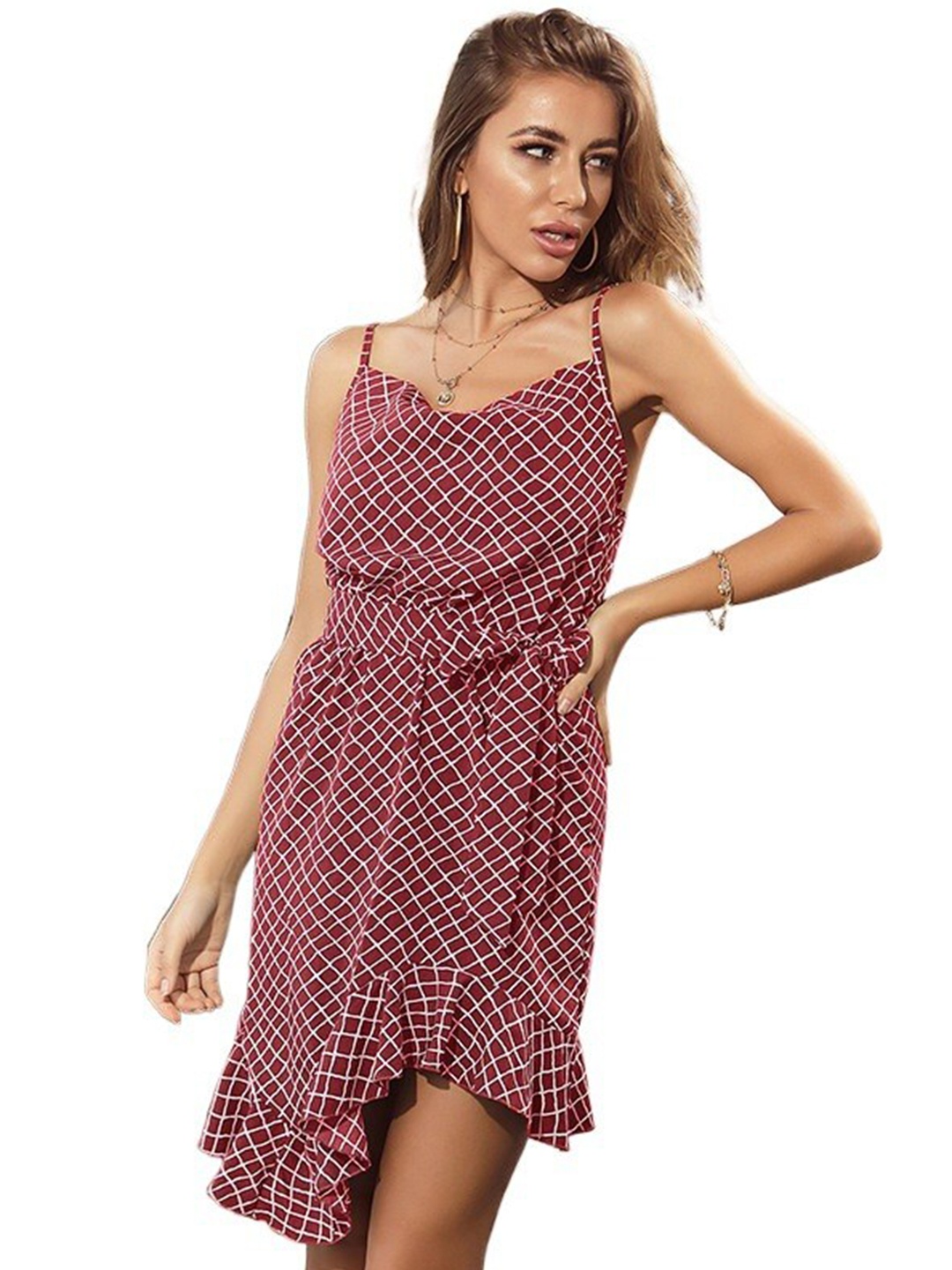 

StyleCast Red Checked Shoulder Straps Cotton A-Line Dress