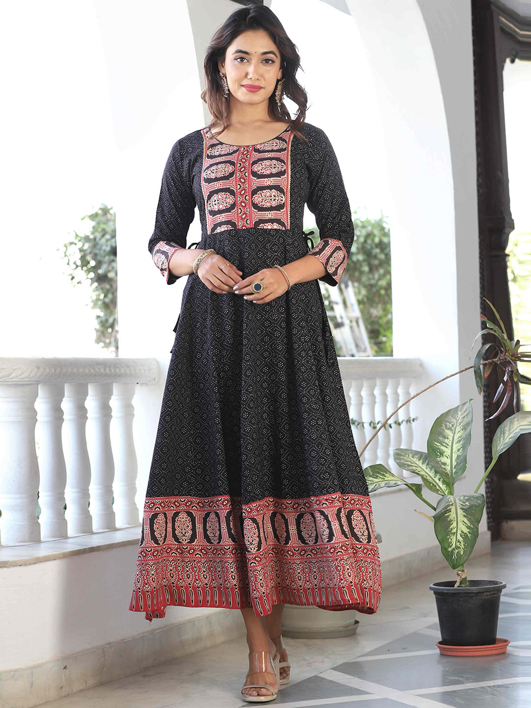 

DARVIKAA COLLECTION Ethnic Motifs Printed Embroidered Detail Fit & Flare Midi Ethnic Dress, Black