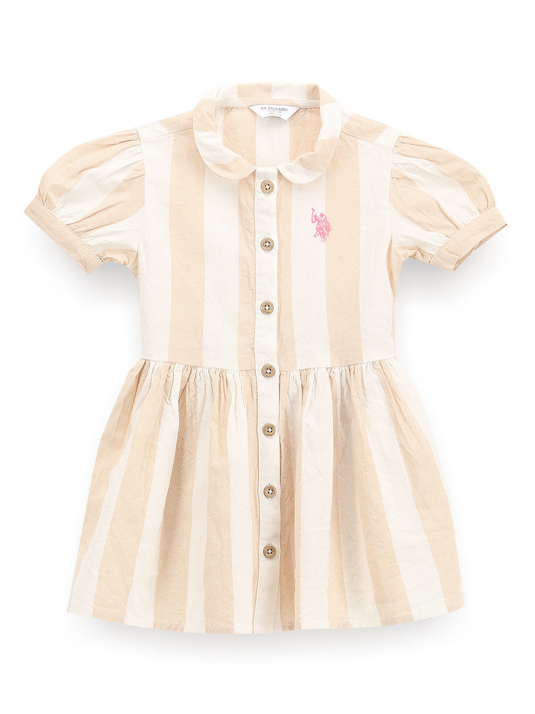 

U.S. Polo Assn. Kids Girls Striped Puff Sleeves Cotton Shirt Style Dress, Beige
