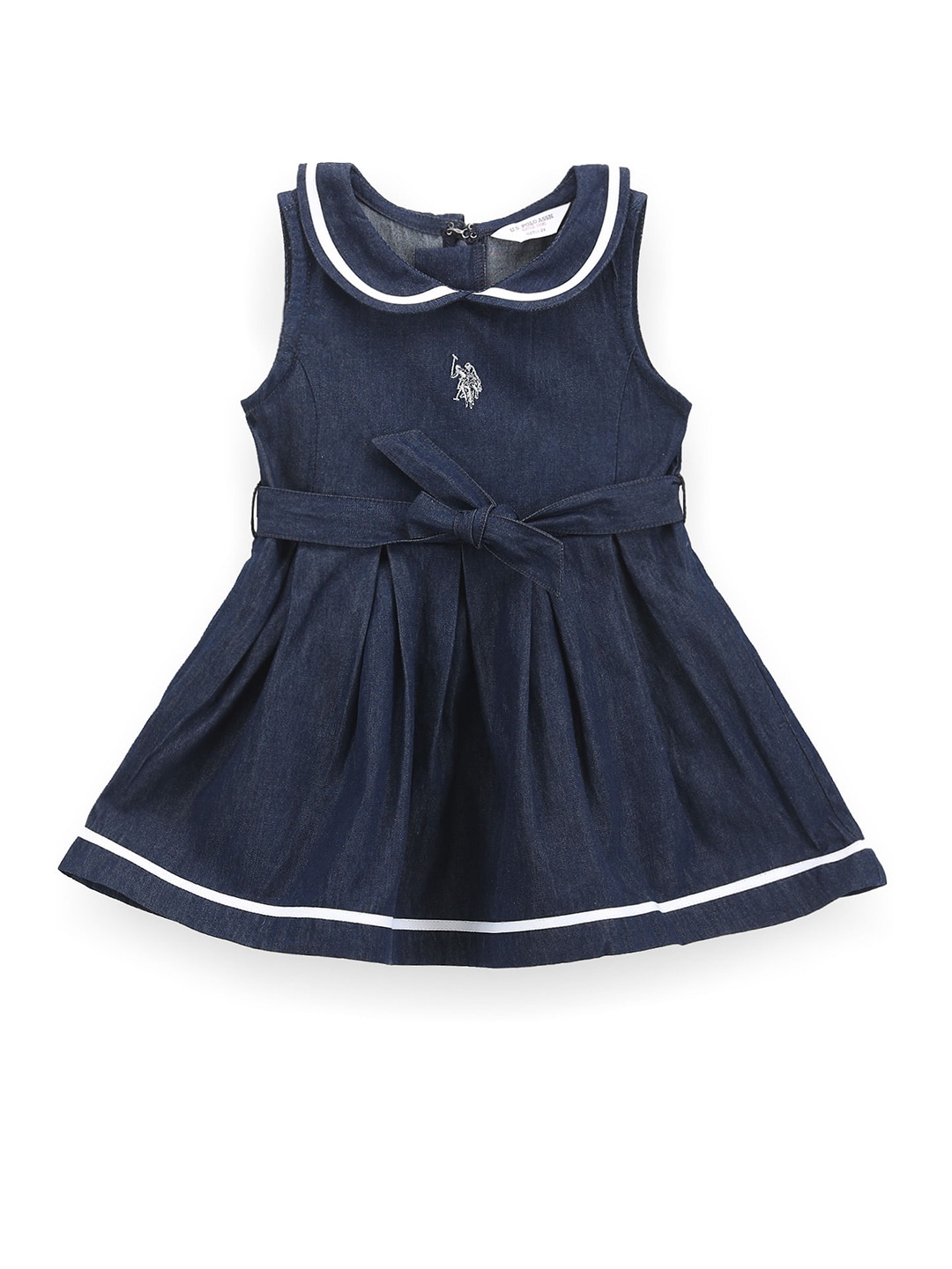 

U.S. Polo Assn. Kids Girls Peter Pan Collar Tie-Ups Fit & Flare Denim Dress, Blue