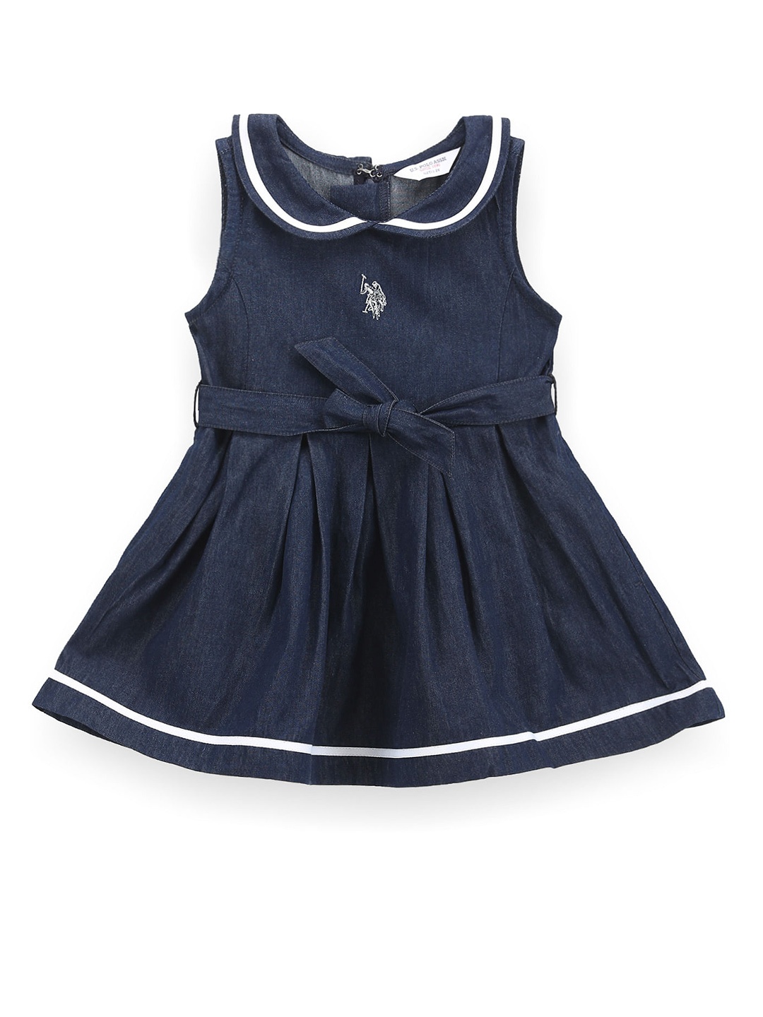 

U.S. Polo Assn. Kids Girls Peter Pan Collar Tie-Ups Fit & Flare Denim Dress, Blue