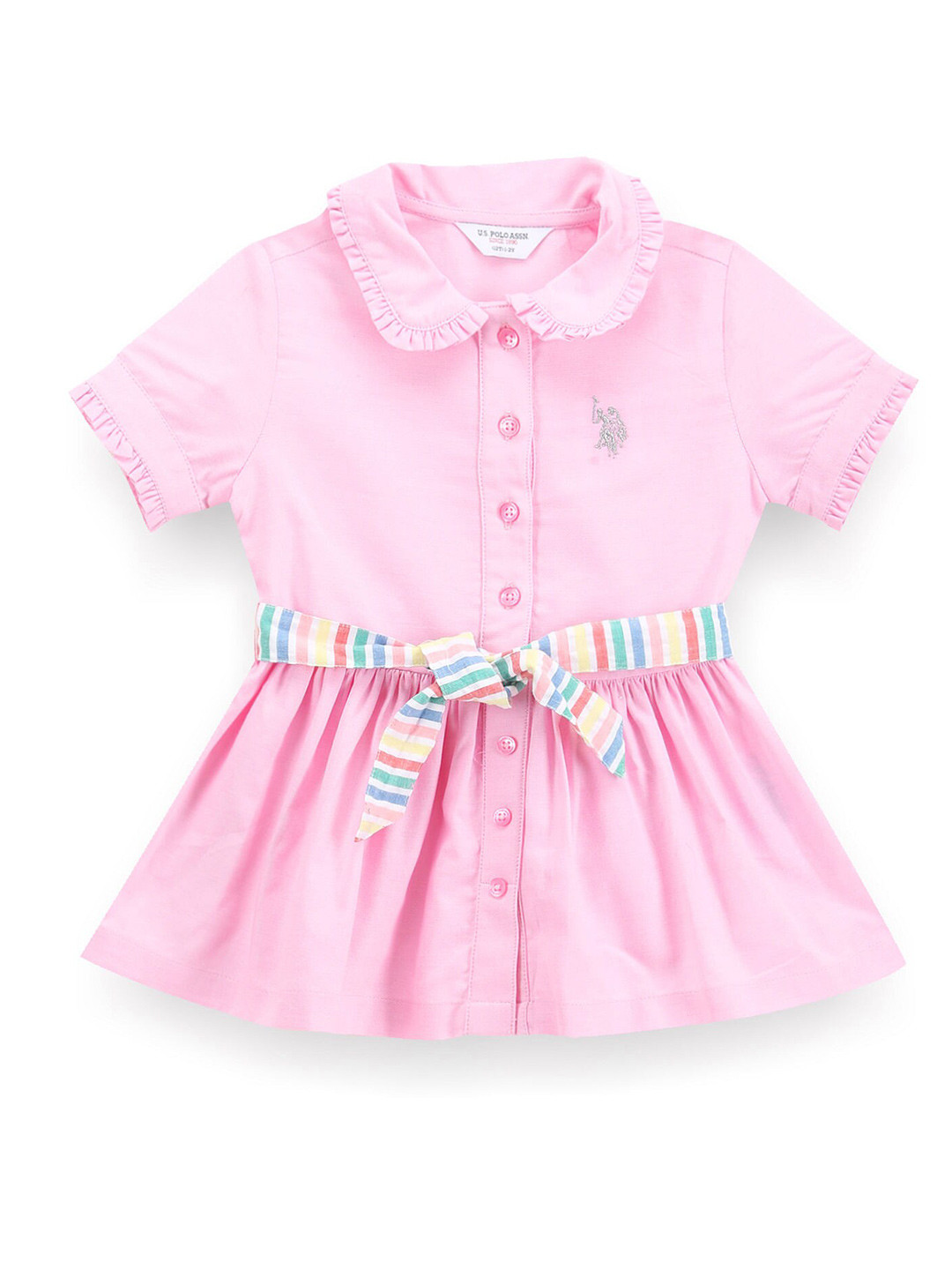 

U.S. Polo Assn. Kids Girls Peter Pan Collar Tie-Ups Cotton Shirt Style Dress, Pink