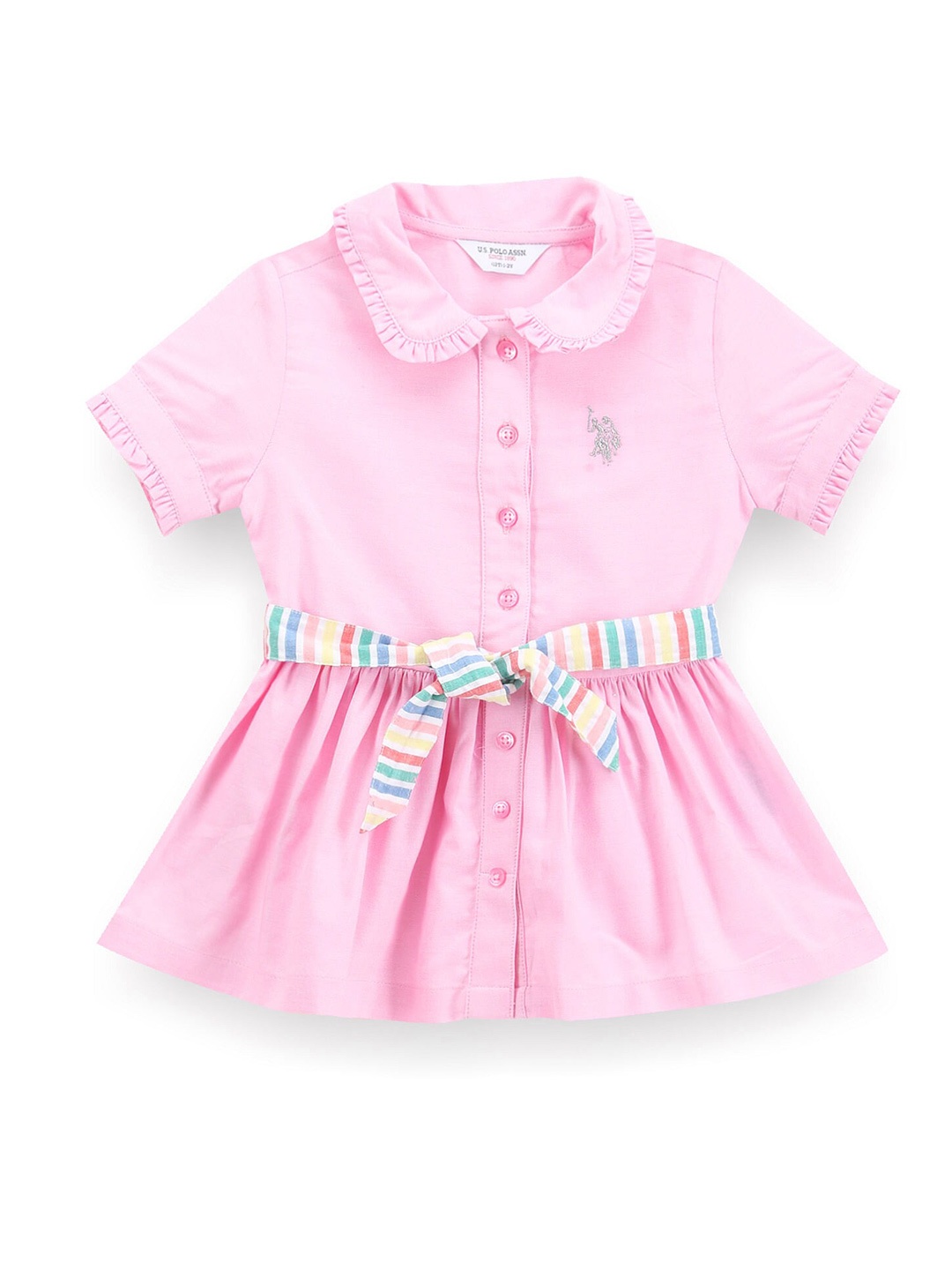 

U.S. Polo Assn. Kids Girls Peter Pan Collar Tie-Ups Cotton Shirt Style Dress, Pink