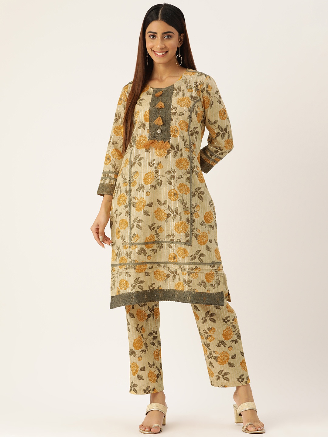 

MISRI Floral Printed Regular Pure Cotton Kurta with Trousers, Mustard