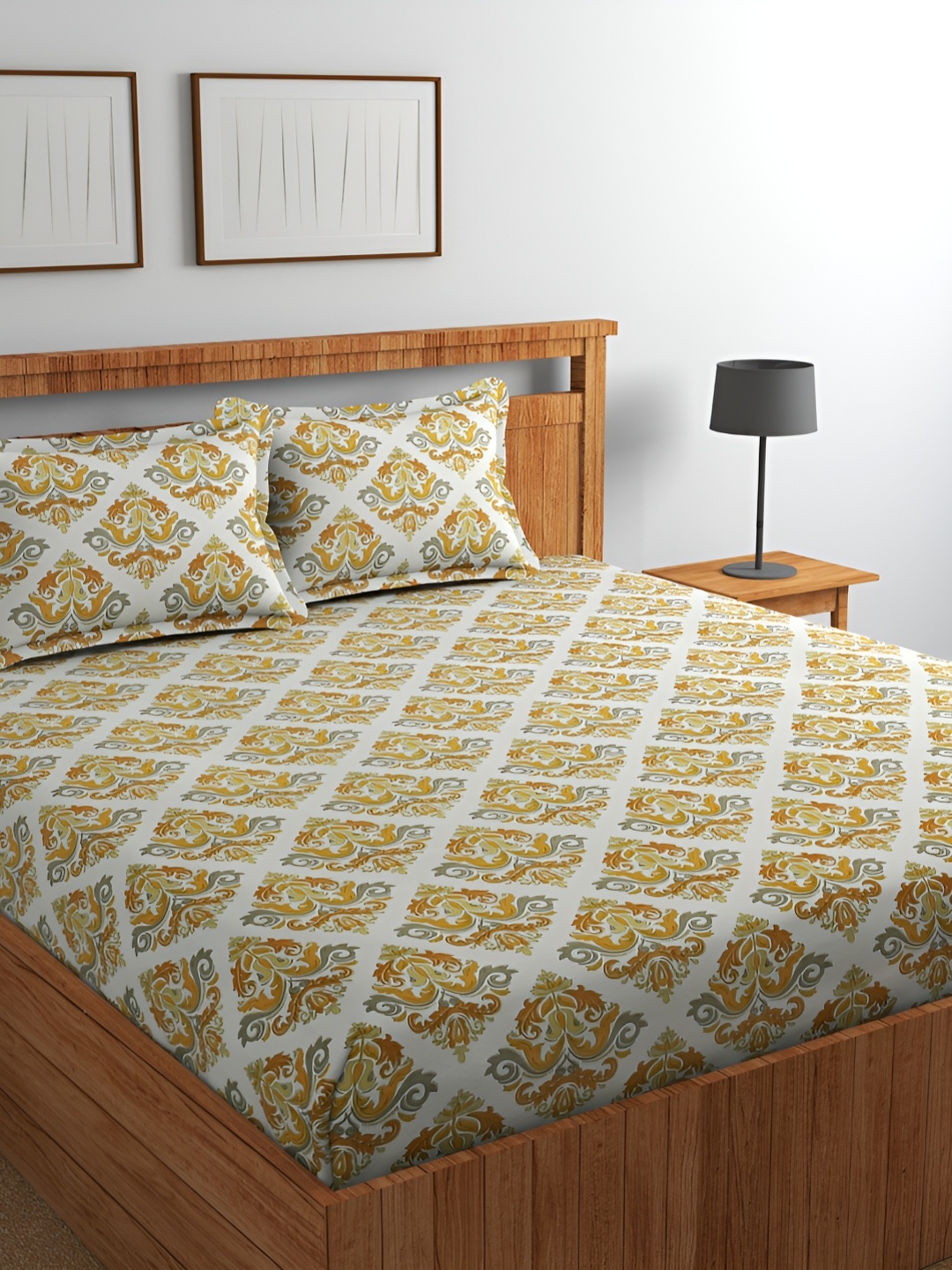 

Jizzby Beige & Orange Ethnic Motifs 210 TC Cotton Queen Bedsheet with 2 Pillow Covers