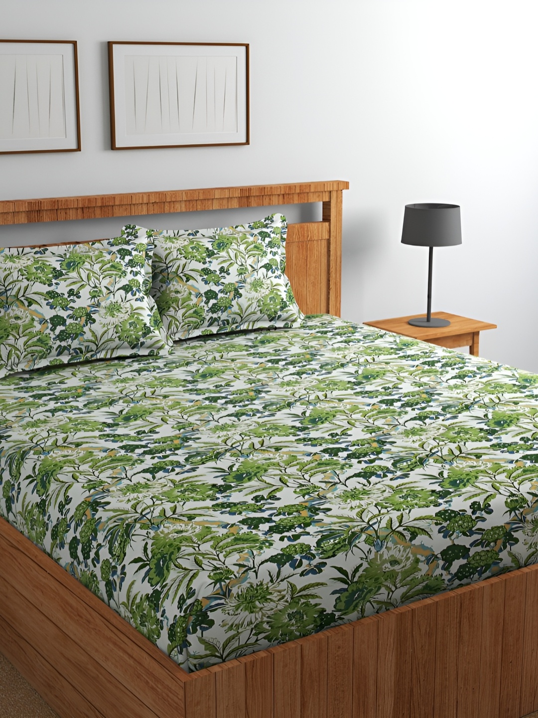 

Jizzby Green & White Floral 210 TC Cotton Queen Bedsheet with 2 Pillow Covers