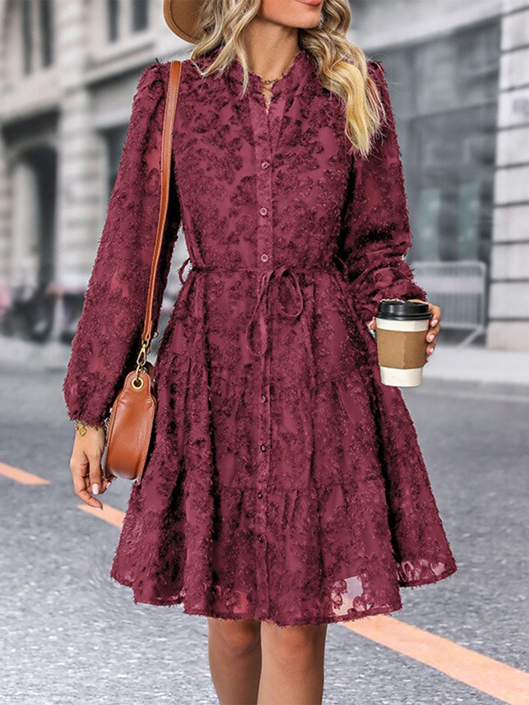 

StyleCast Maroon Self Design Mandarin Collar Cuffed Sleeves Tiered Fit & Flare Dress