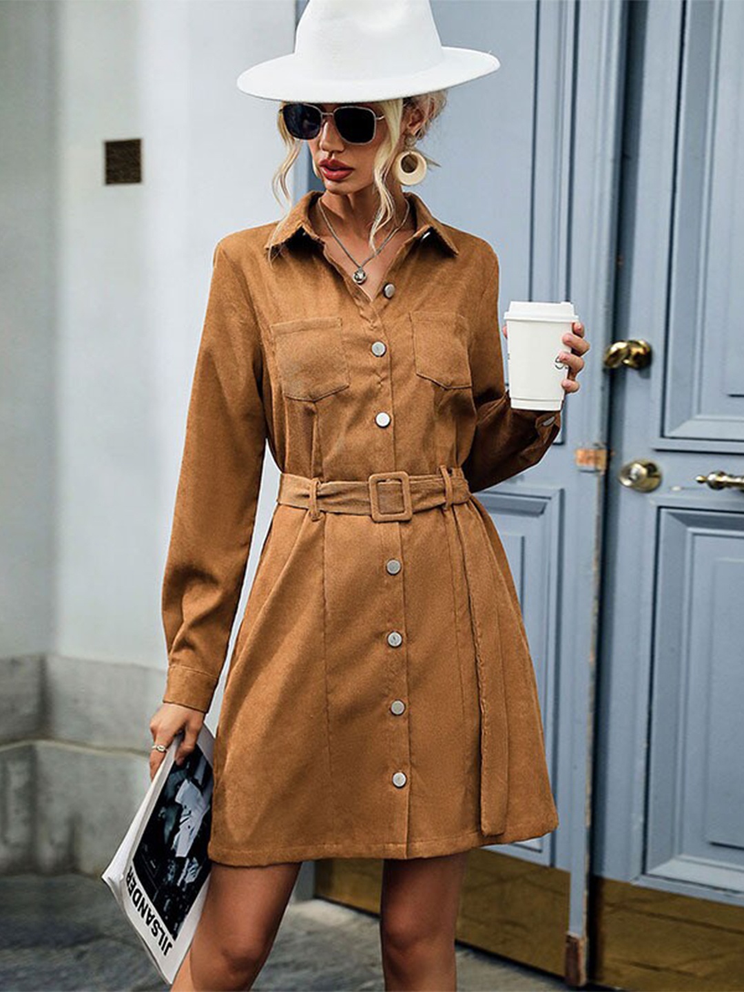 

StyleCast Brown Long Sleeves Corduroy Cotton Shirt Dress