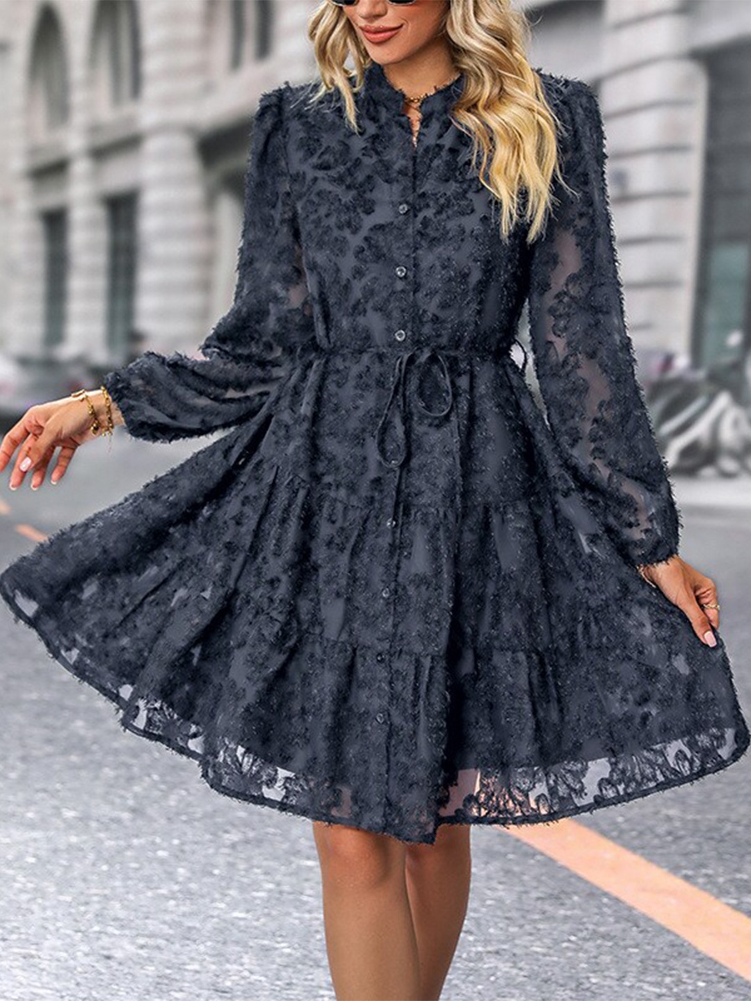 

StyleCast Navy Blue Self Design Mandarin Collar Cuffed Sleeves Tiered Fit & Flare Dress