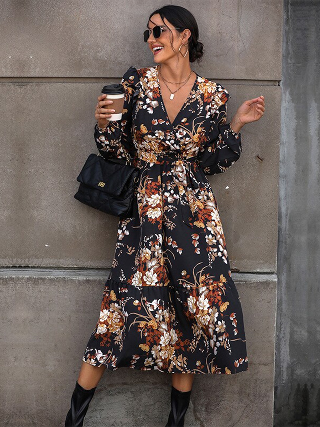 

StyleCast Black Floral Printed V-Neck Puff Sleeves Tiered Fit and Flare Midi Dress