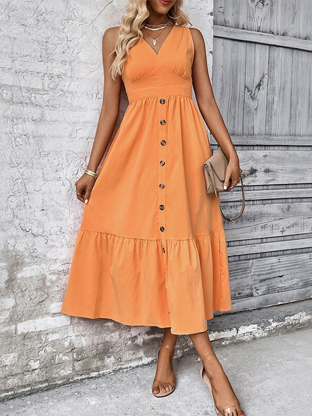 

StyleCast Orange V-Neck Sleeveless Tiered Detail A-Line Midi Dress