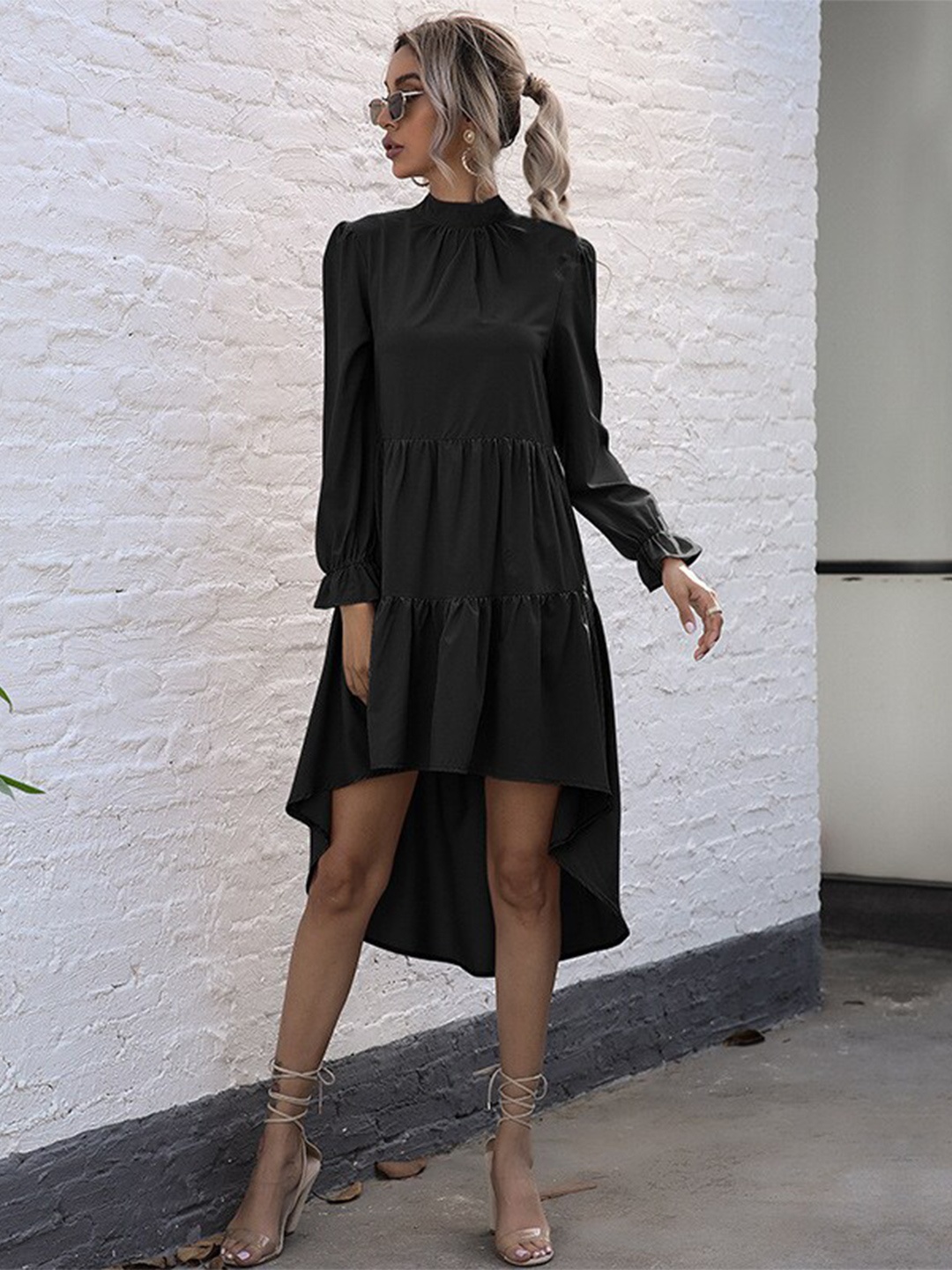 

StyleCast Black High Neck Bell Sleeves Tiered Cotton A-Line Dress