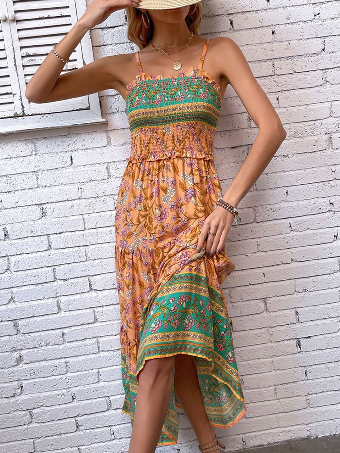 

StyleCast Yellow Floral Printed A-Line Midi Dress