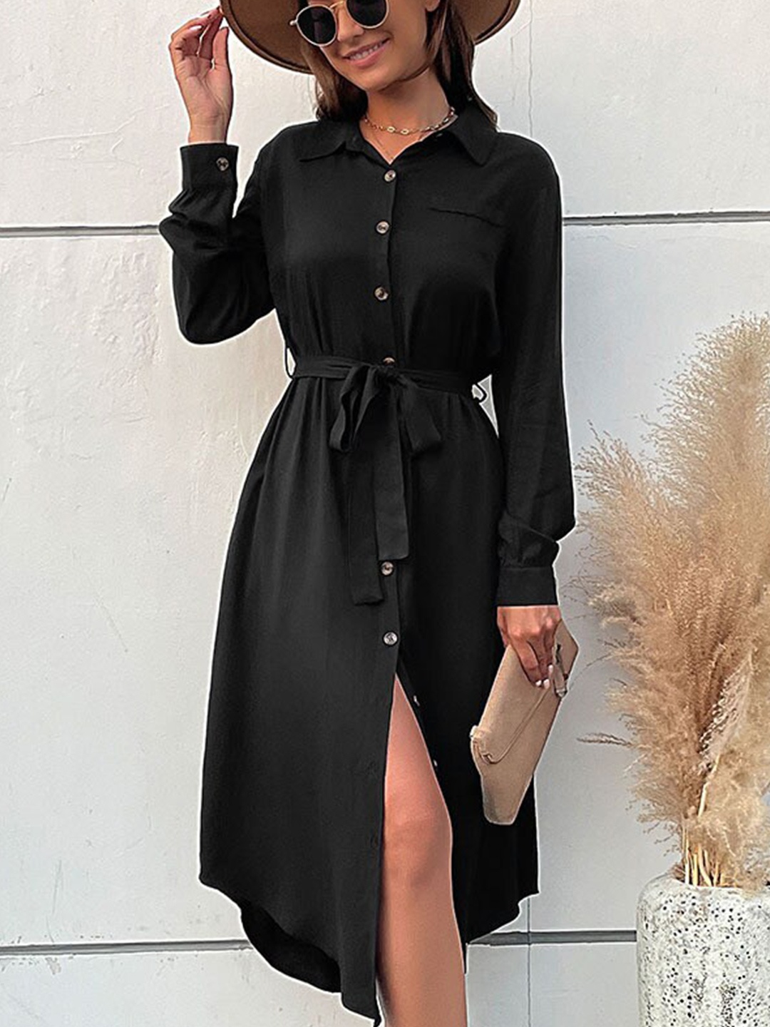 

StyleCast Black Shirt Collar Cotton Fit & Flare Midi Dress