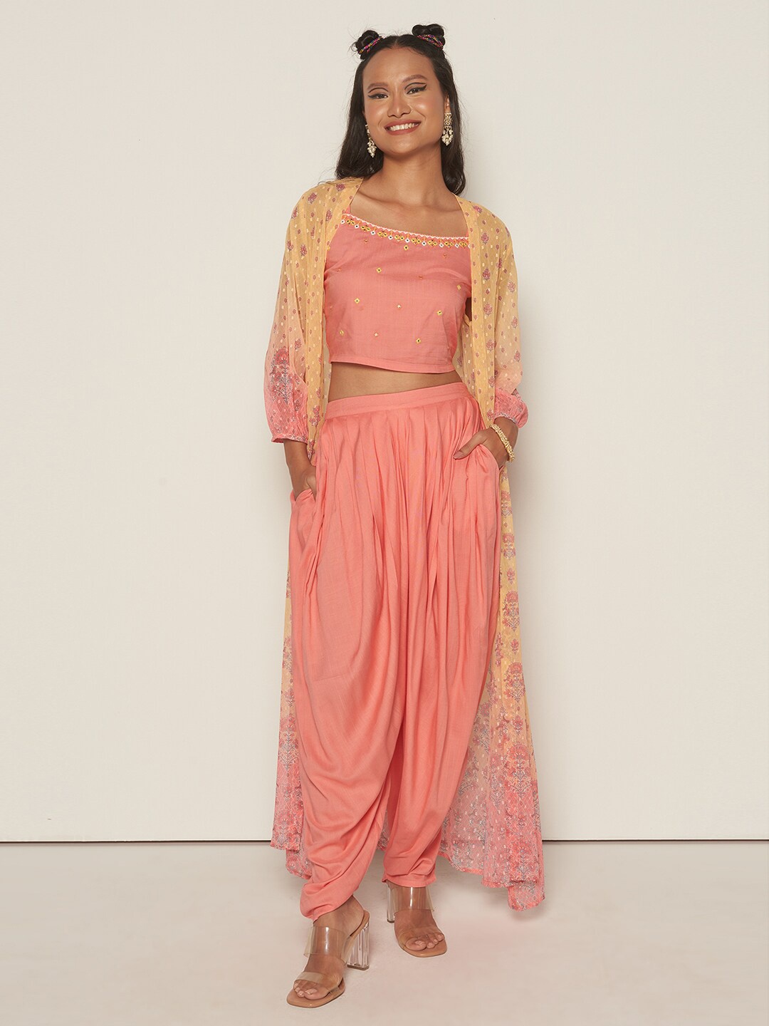 

Global Desi Cropped Top With Dhoti Pants & Shrug, Coral