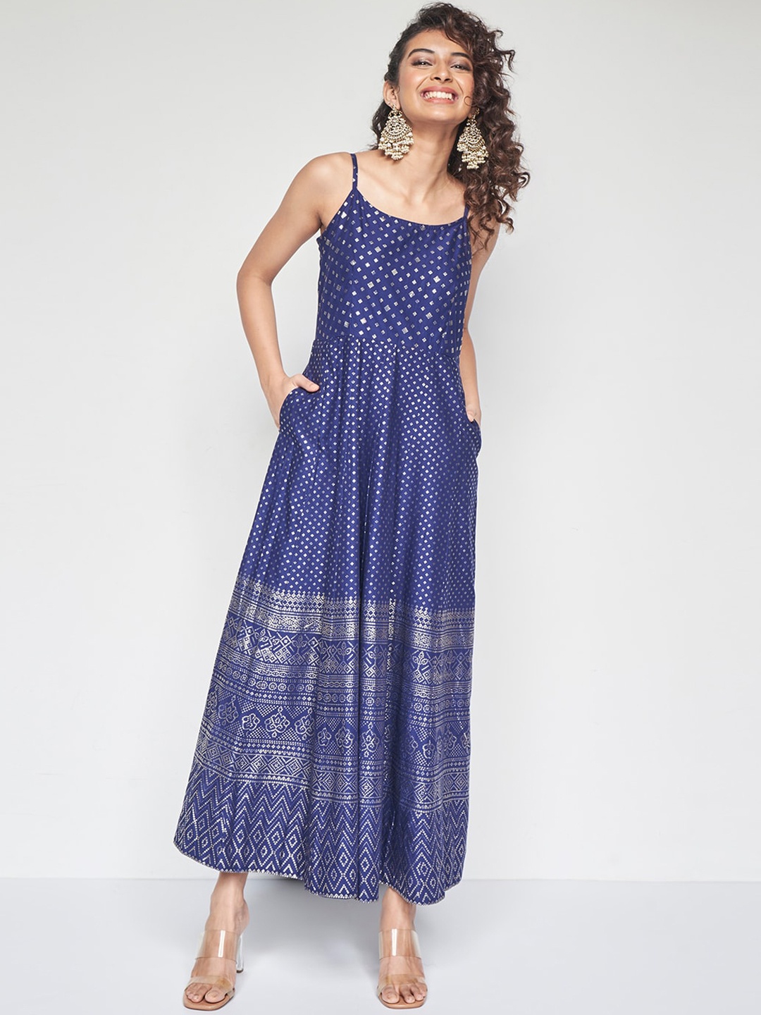 

Global Desi Ethnic Motifs Shoulder Strap Pure Cotton Printed Fit & Flare Ethnic Dress, Blue