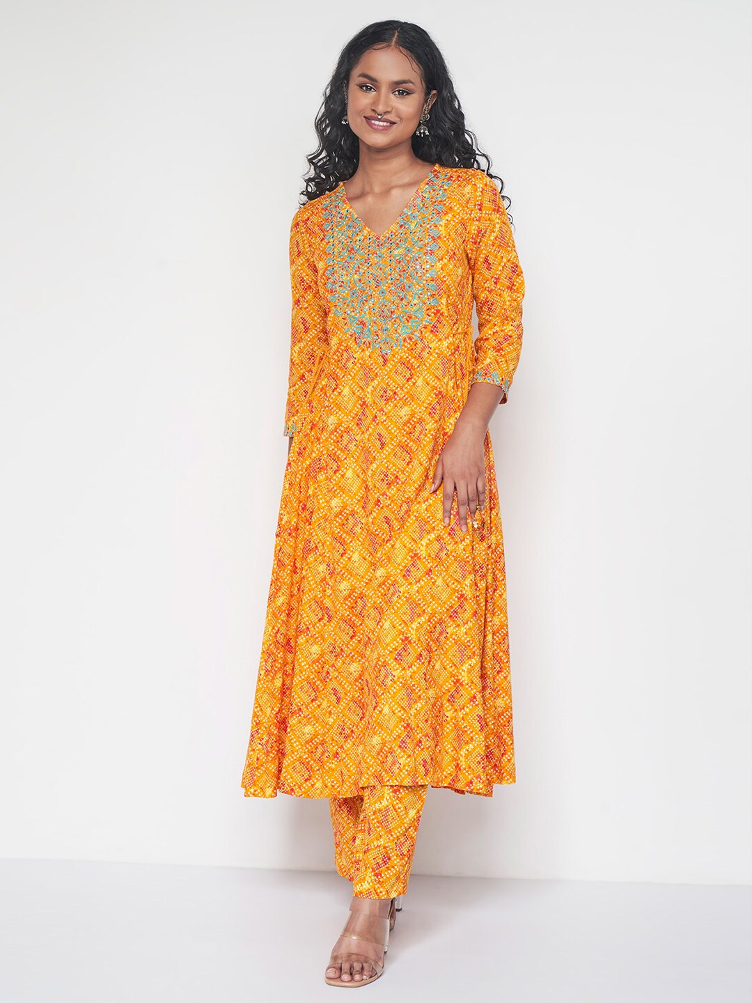 

Global Desi Bandhani Printed Thread Work Kurta with Trousers, Orange