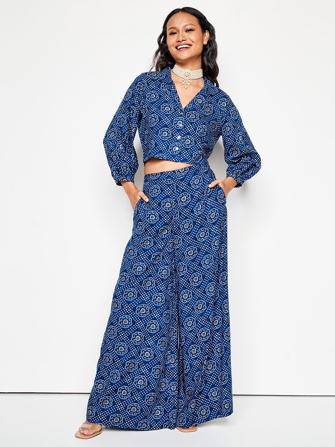 

Global Desi Ethnic Motifs Printed Shirt With Palazzo, Navy blue