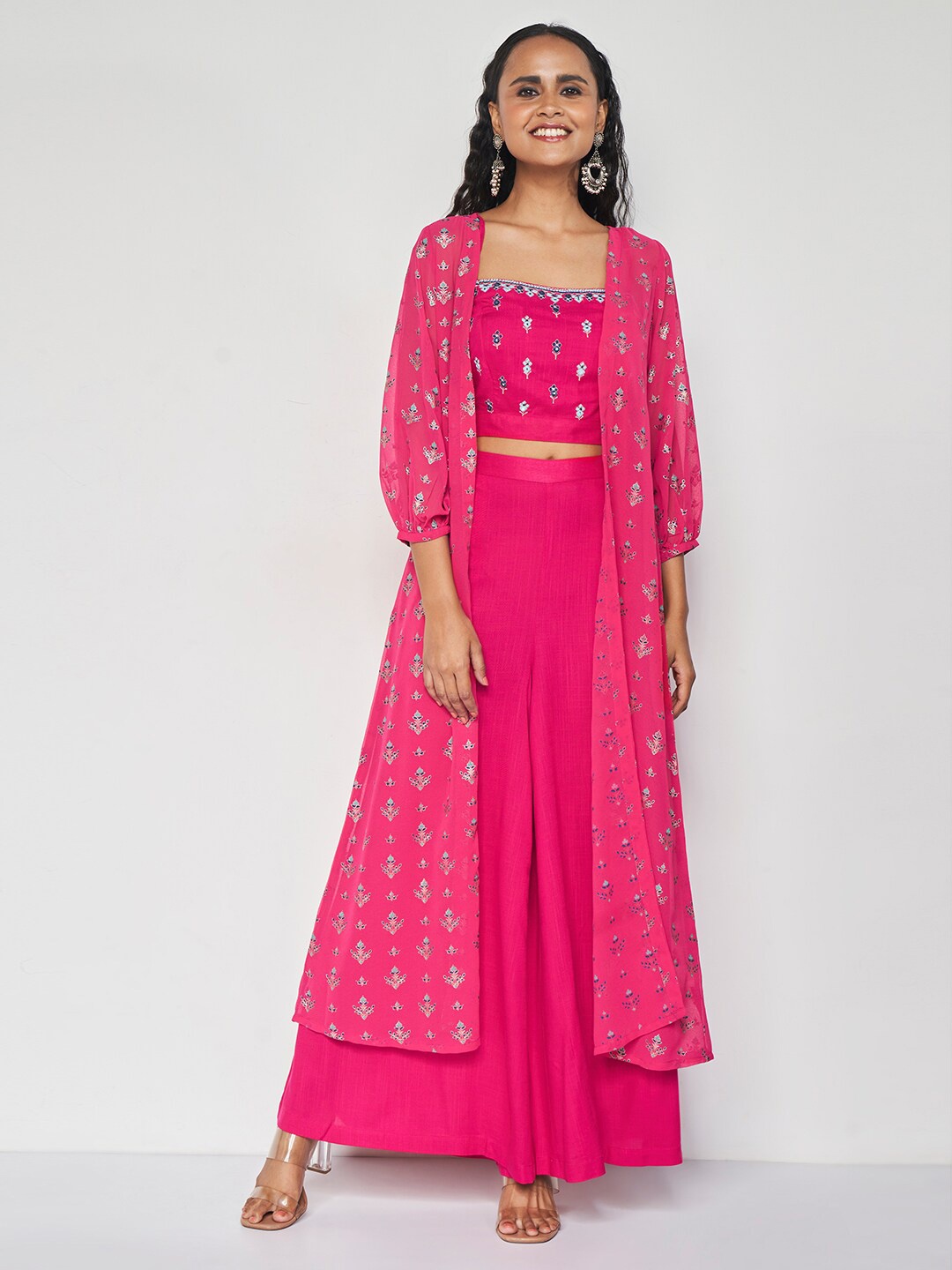 

Global Desi Embroidered Top With Palazzo & Shrug, Pink