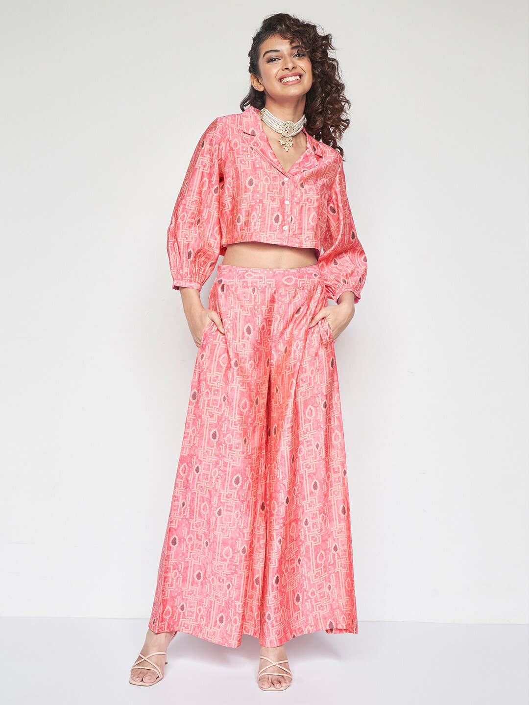 

Global Desi Ethnic Motifs Printed Shirt Collar Neck Top & Palazzos Co-Ords, Pink