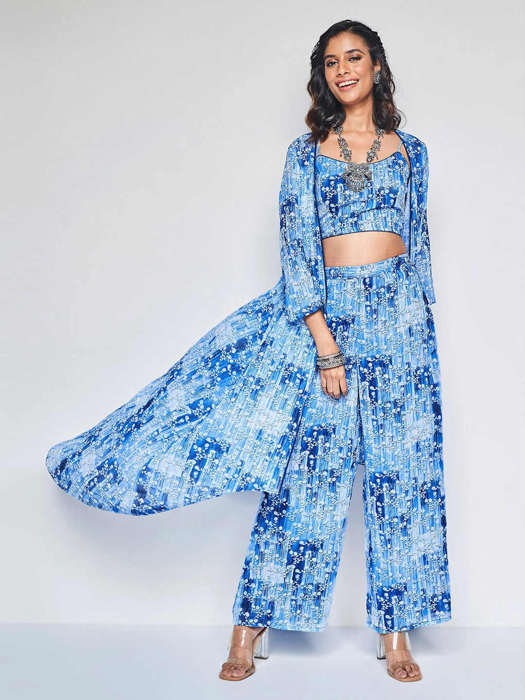 

Global Desi Floral Printed Top With Shrug & Trousers Co-Ords, Blue