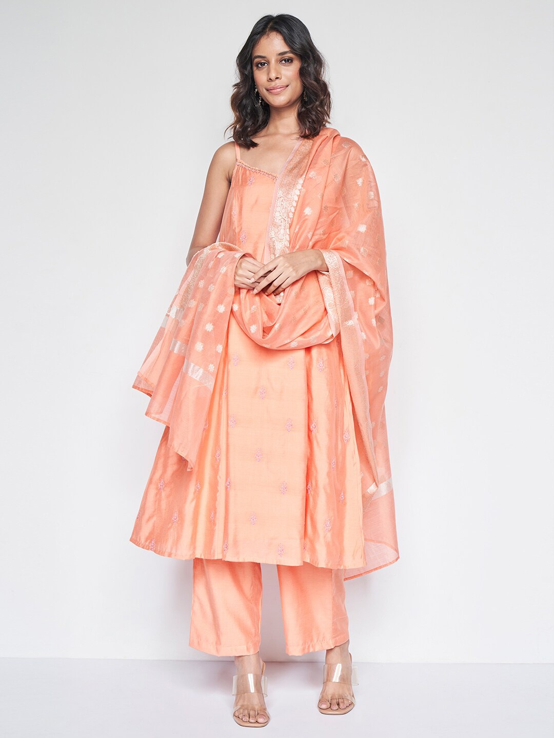 

Global Desi Floral Embroidered Shoulder Straps A-Line Kurta & Trousers With Dupatta Set, Peach