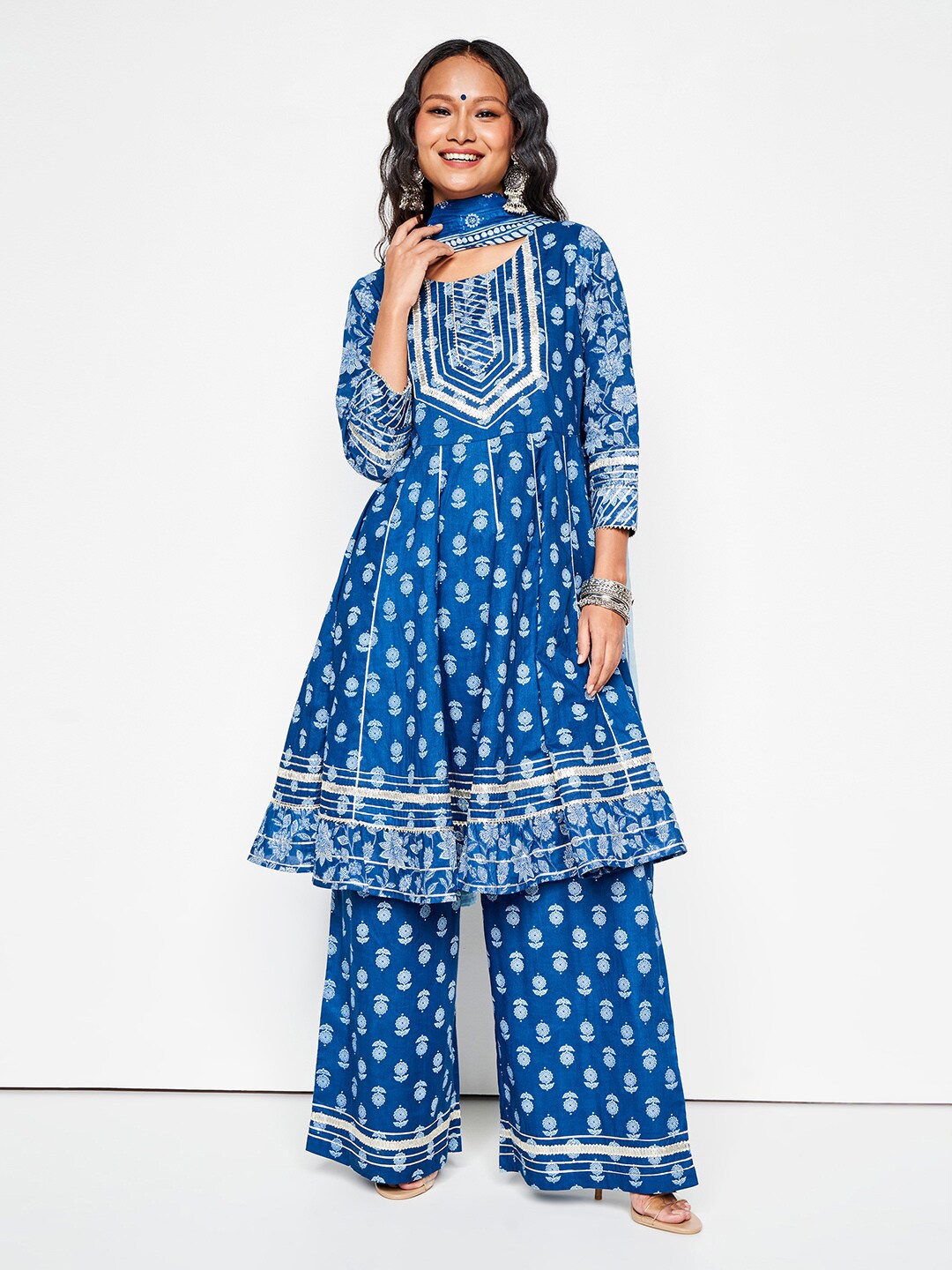 

Global Desi Ethnic Motifs Printed Cotton Kurta & Palazzos With Dupatta, Blue