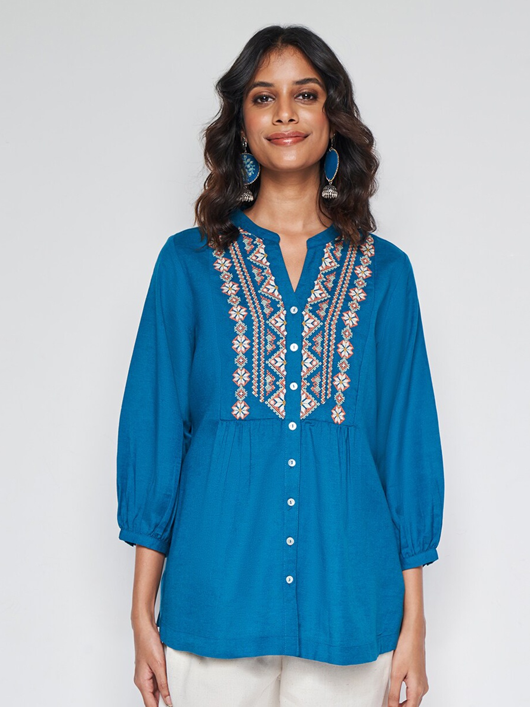 

Global Desi Geometric Embroidered Mandarin Collar Cuffed Sleeves Shirt Style Top, Teal