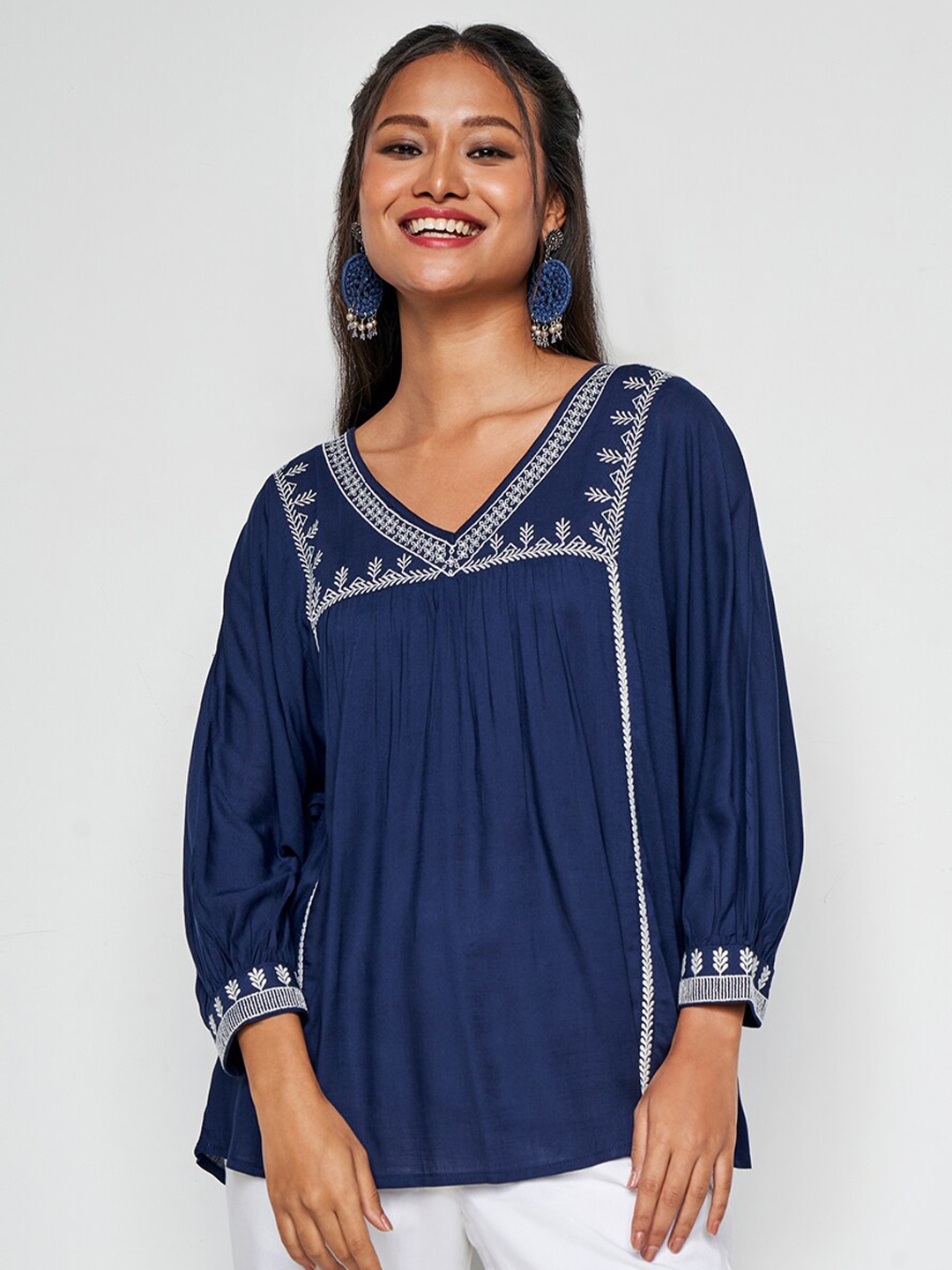 

Global Desi Floral Embroidered V-Neck Cuffed Sleeves Empire Top, Blue