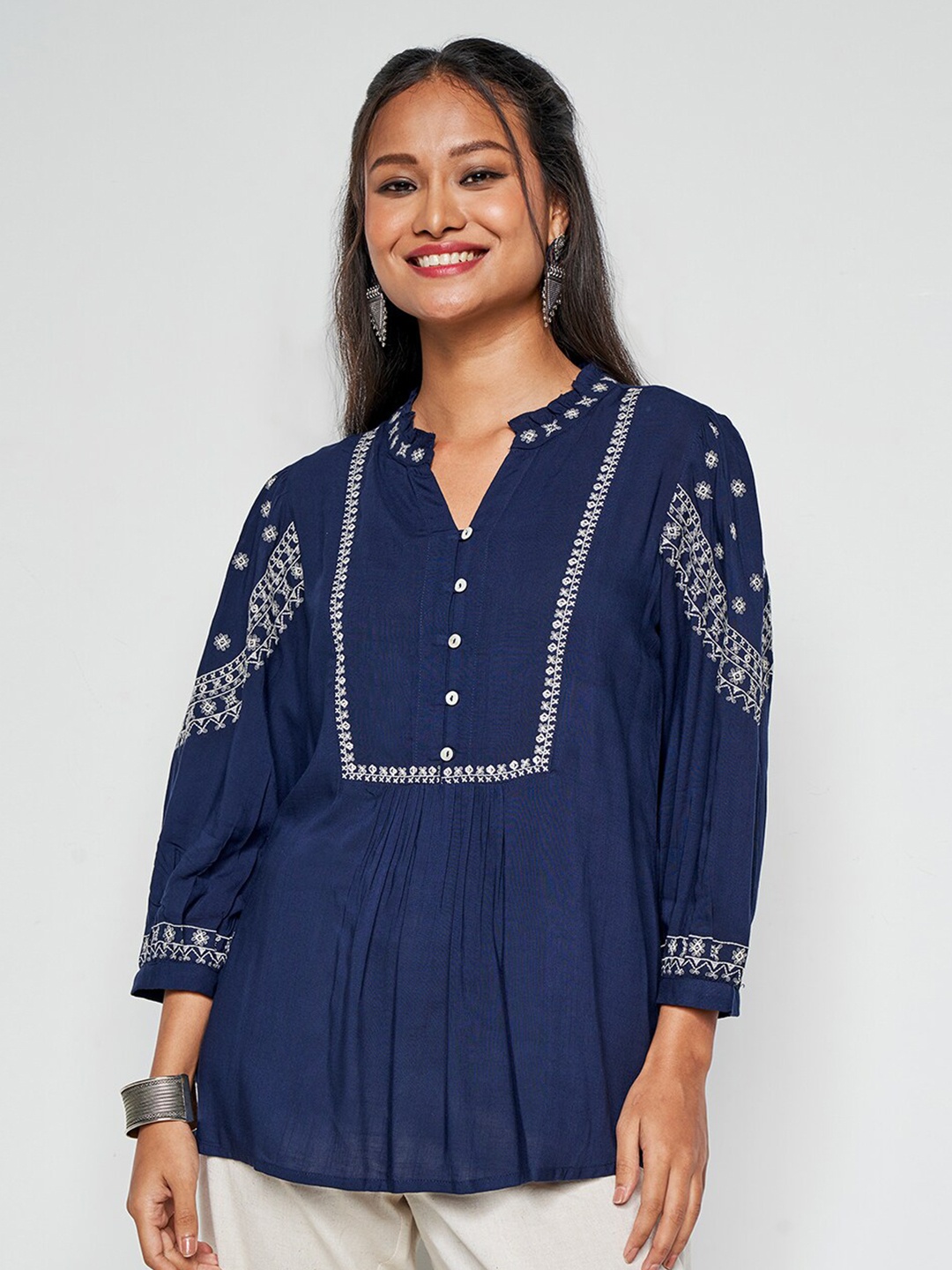 

Global Desi Embroidered Mandarin Collar Long Cuffed Sleeves Top, Blue