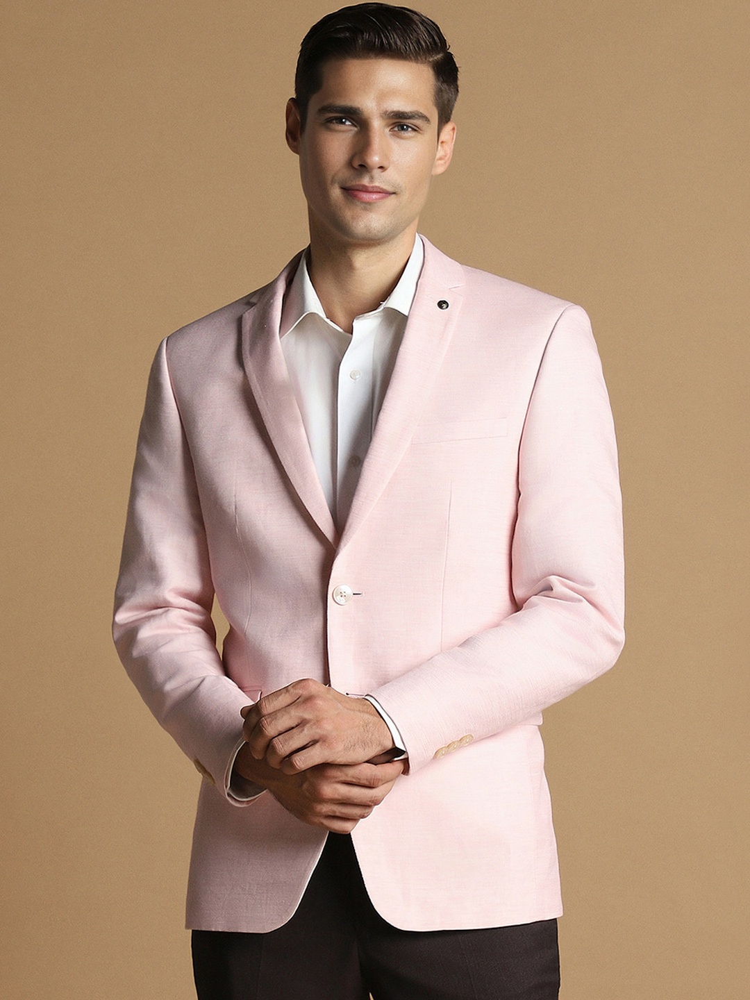 

Allen Solly Textured Slim-Fit Single Breasted Cotton Linen Formal Blazers, Pink