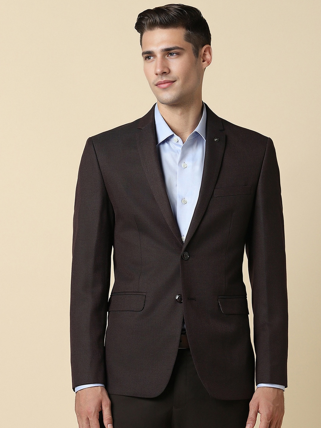 

Allen Solly Textured Slim-Fit Single Breasted Formal Blazers, Brown