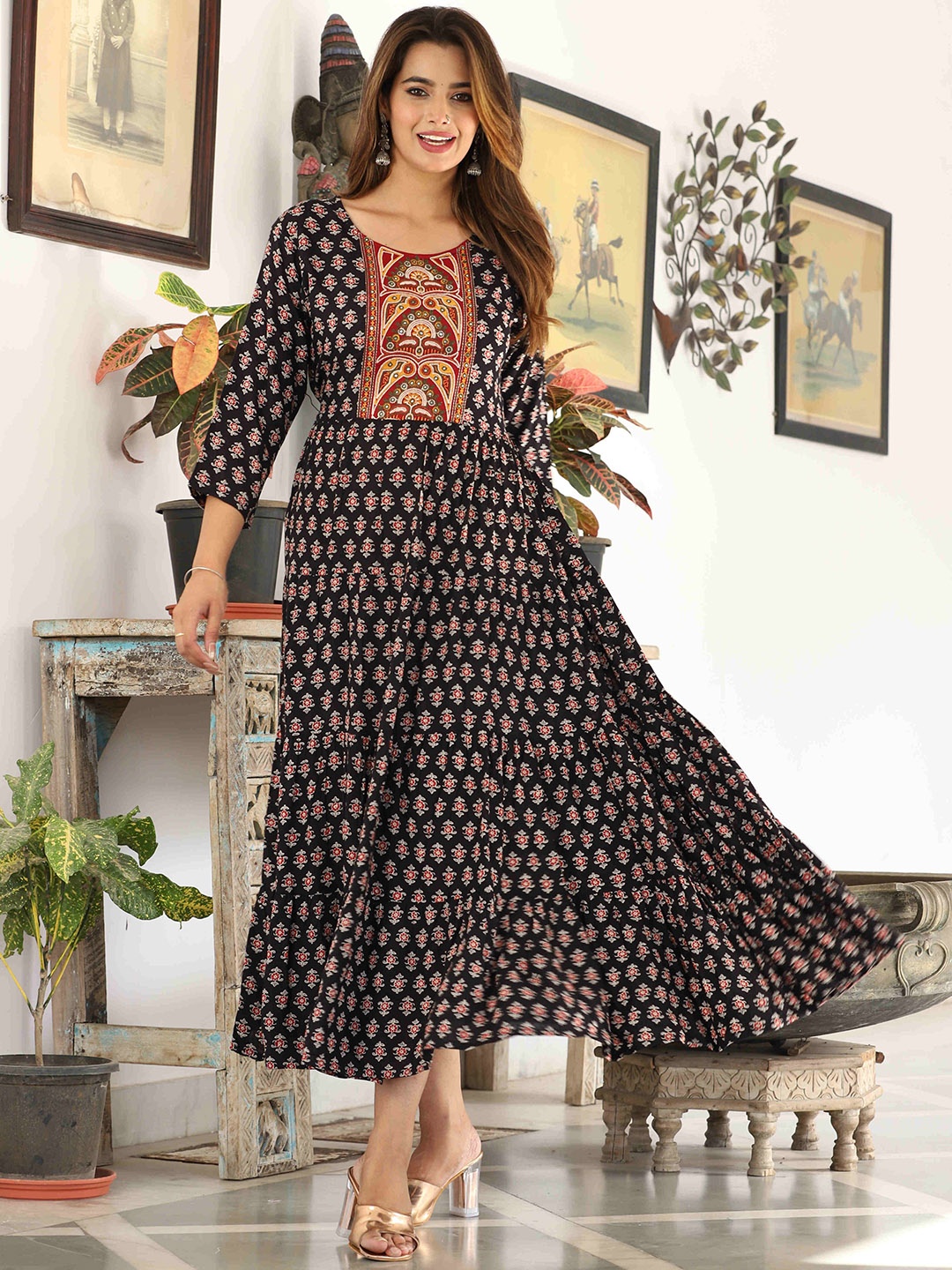 

DARVIKAA COLLECTION Ethnic Motifs Printed Embroidered Detail Fit & Flare Midi Ethnic Dress, Navy blue