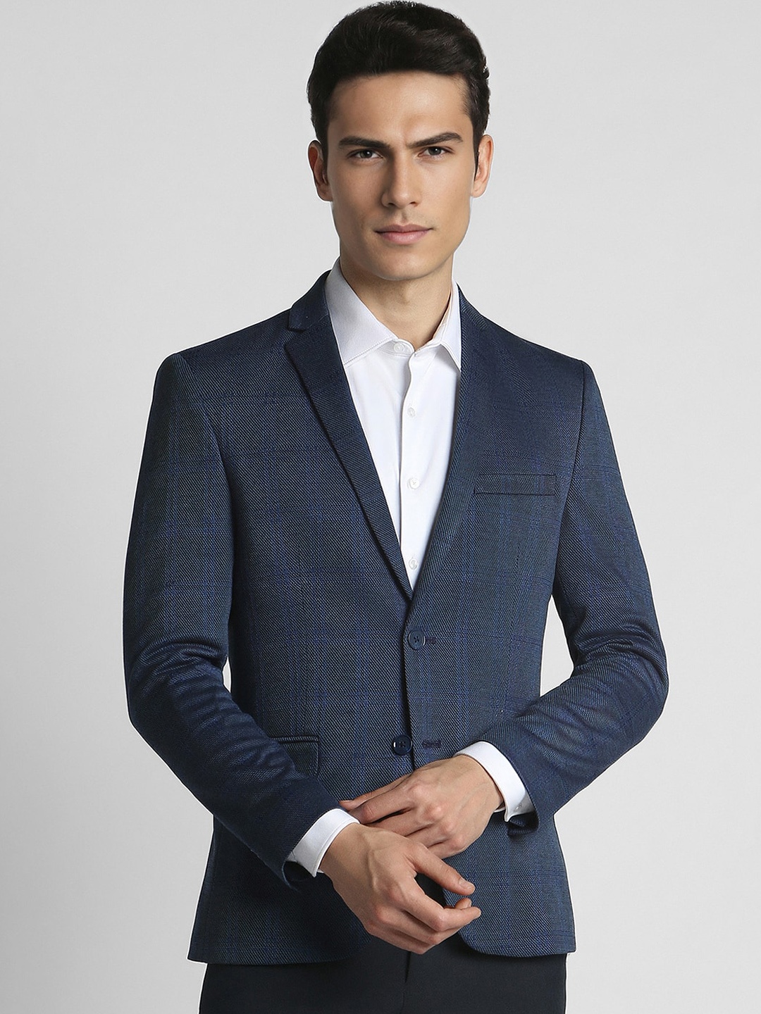 

Peter England Elite Checked Slim-Fit Single Breasted Formal Blazers, Navy blue