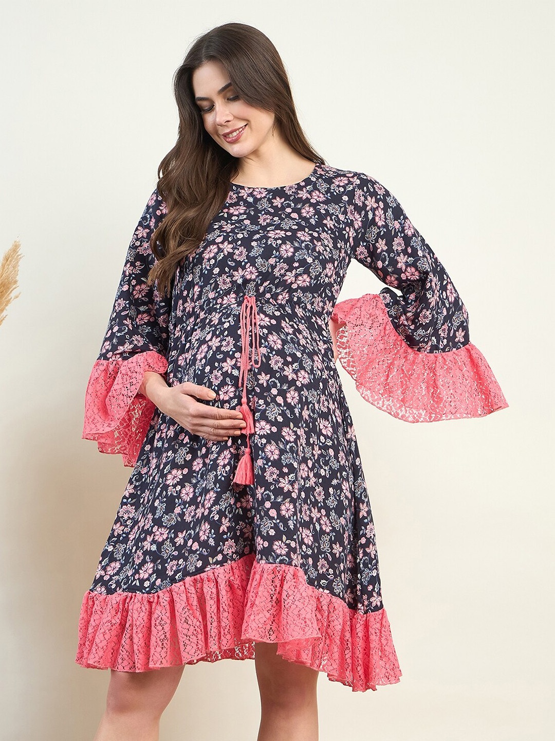 

The Kaftan Company Floral Printed Bell Sleeve Maternity A-Line Dress, Black