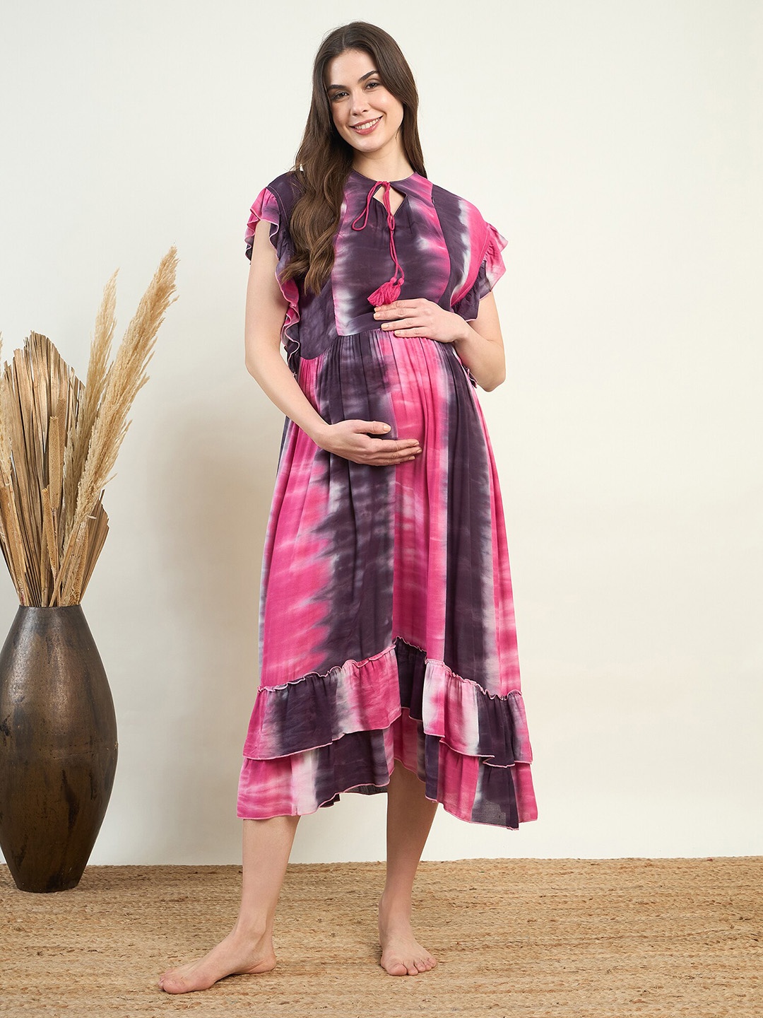 

The Kaftan Company Tie & Dye Dyed Tie Up Neck Layered Maternity A-Line Dress, Purple