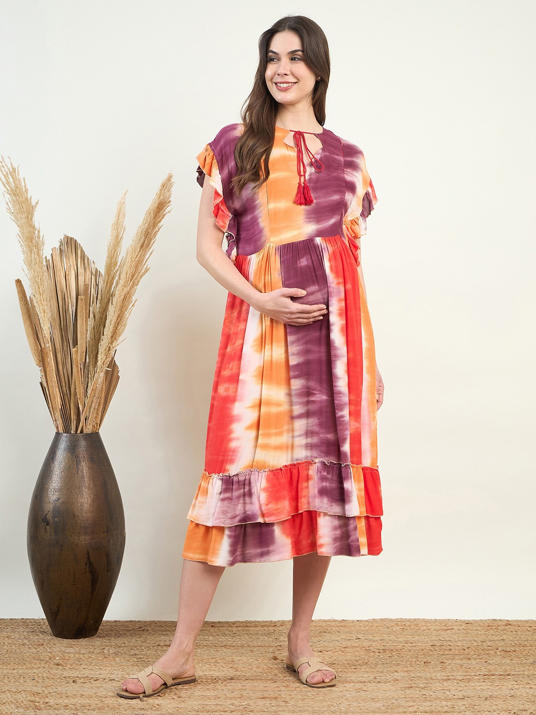 

The Kaftan Company Tie & Dye Dyed Tie Up Neck Layered Maternity A-Line Dress, Orange