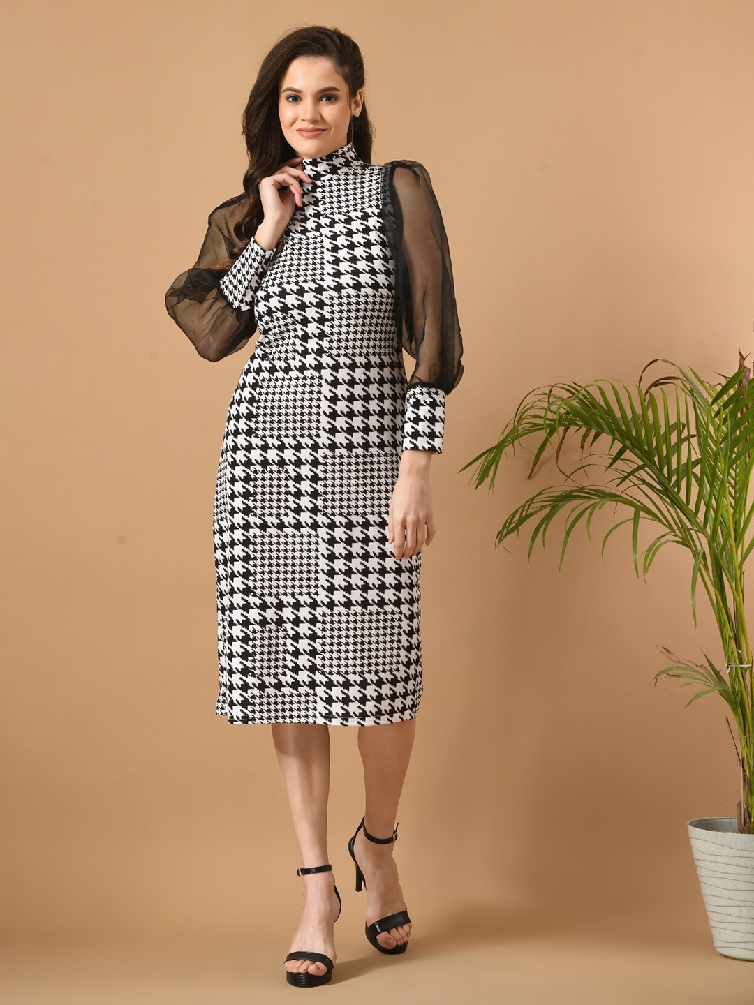 

Moshe Checked High Neck Sheath Midi Dress, Black