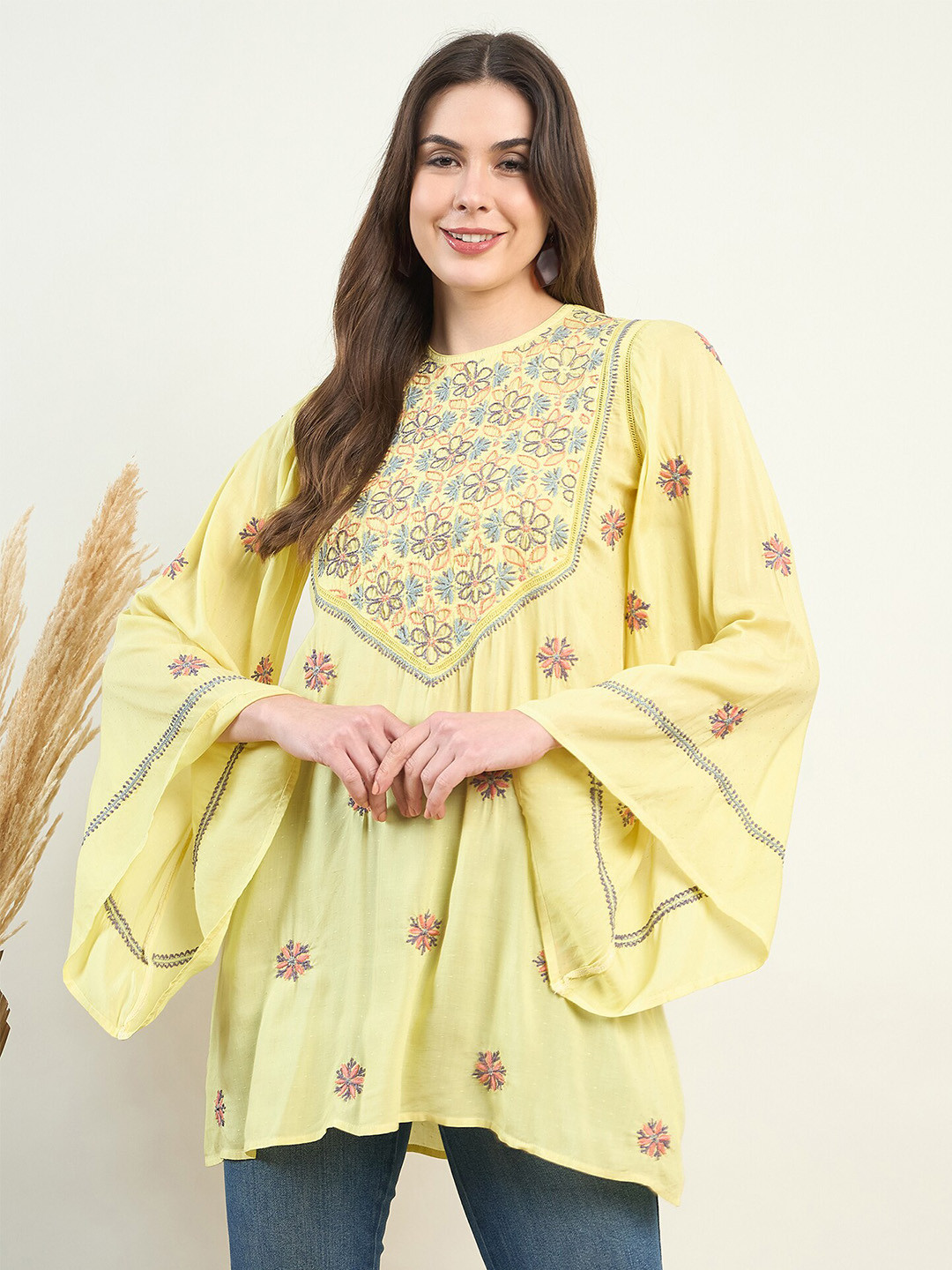 

The Kaftan Company Floral Print Bell Sleeve Kaftan Longline Top, Yellow