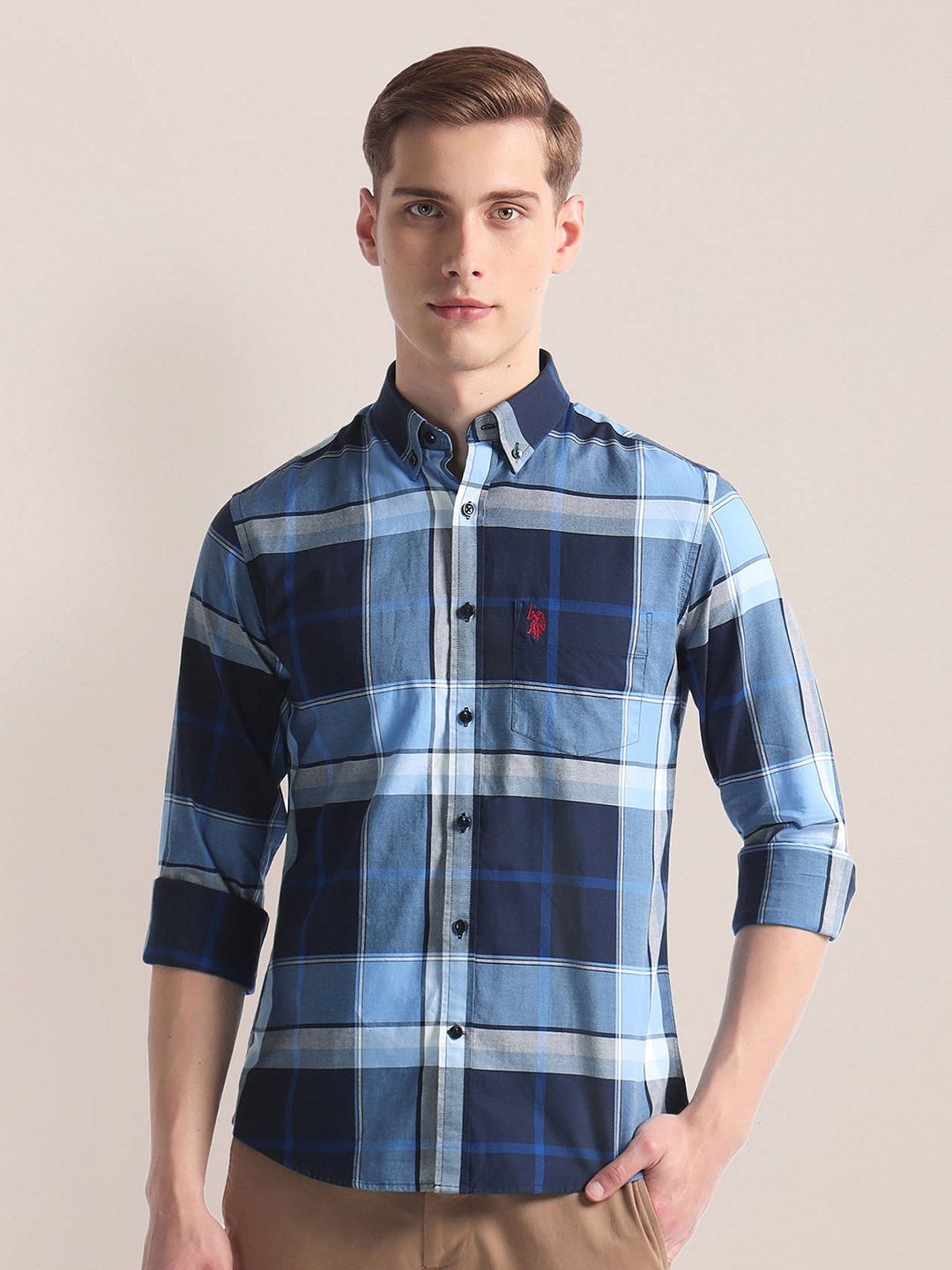 

U.S. Polo Assn. Tartan Checked Button Down Collar Oxford Casual Shirt, Blue