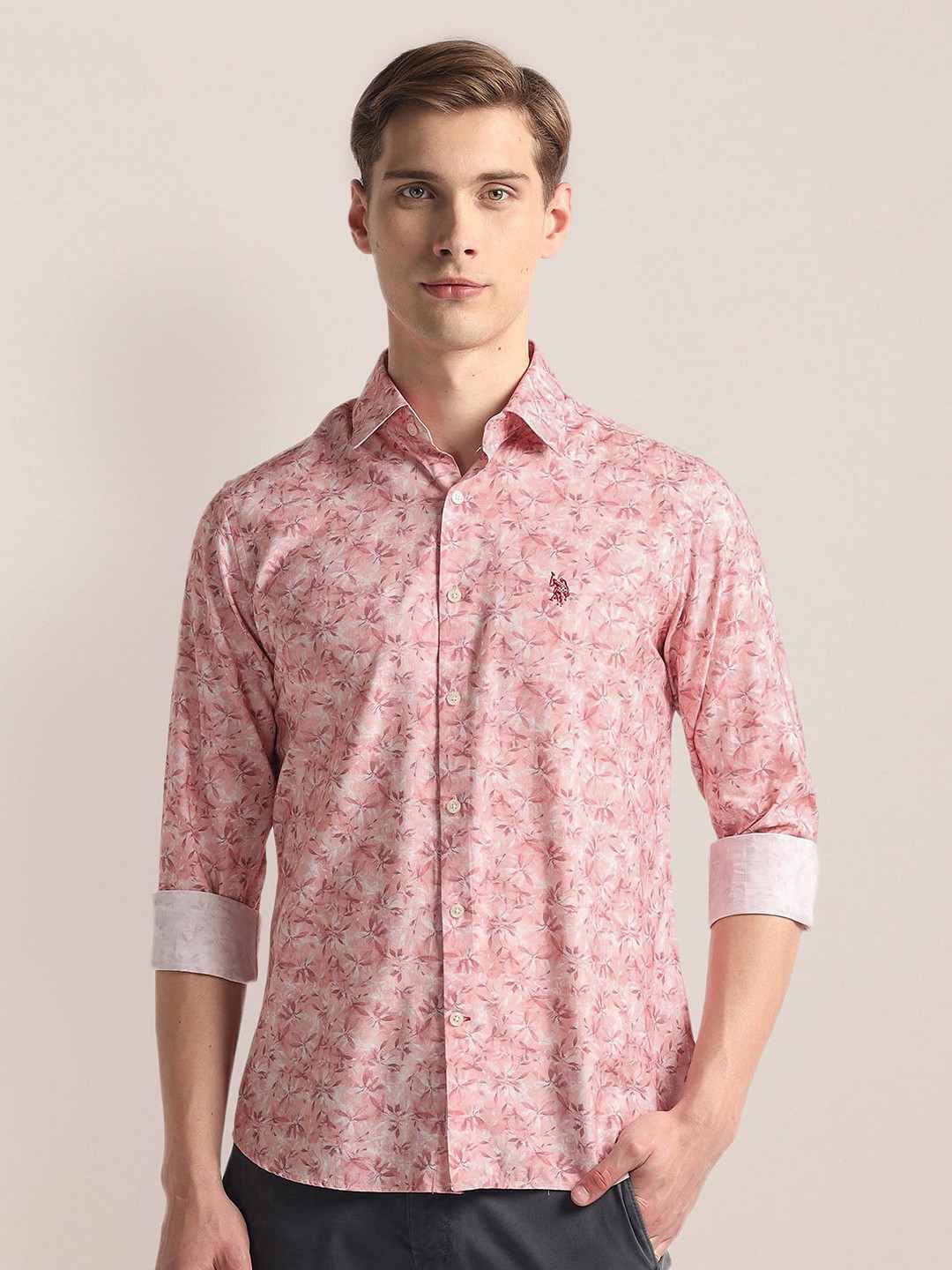 

U.S. Polo Assn. Floral Printed Spread Collar Twill Casual Shirt, Pink