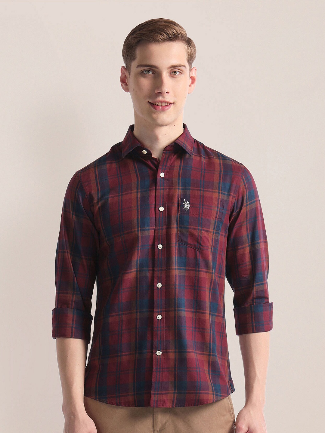 

U.S. Polo Assn. Tartan Twill Checked Spread Collar Casual Shirt, Maroon