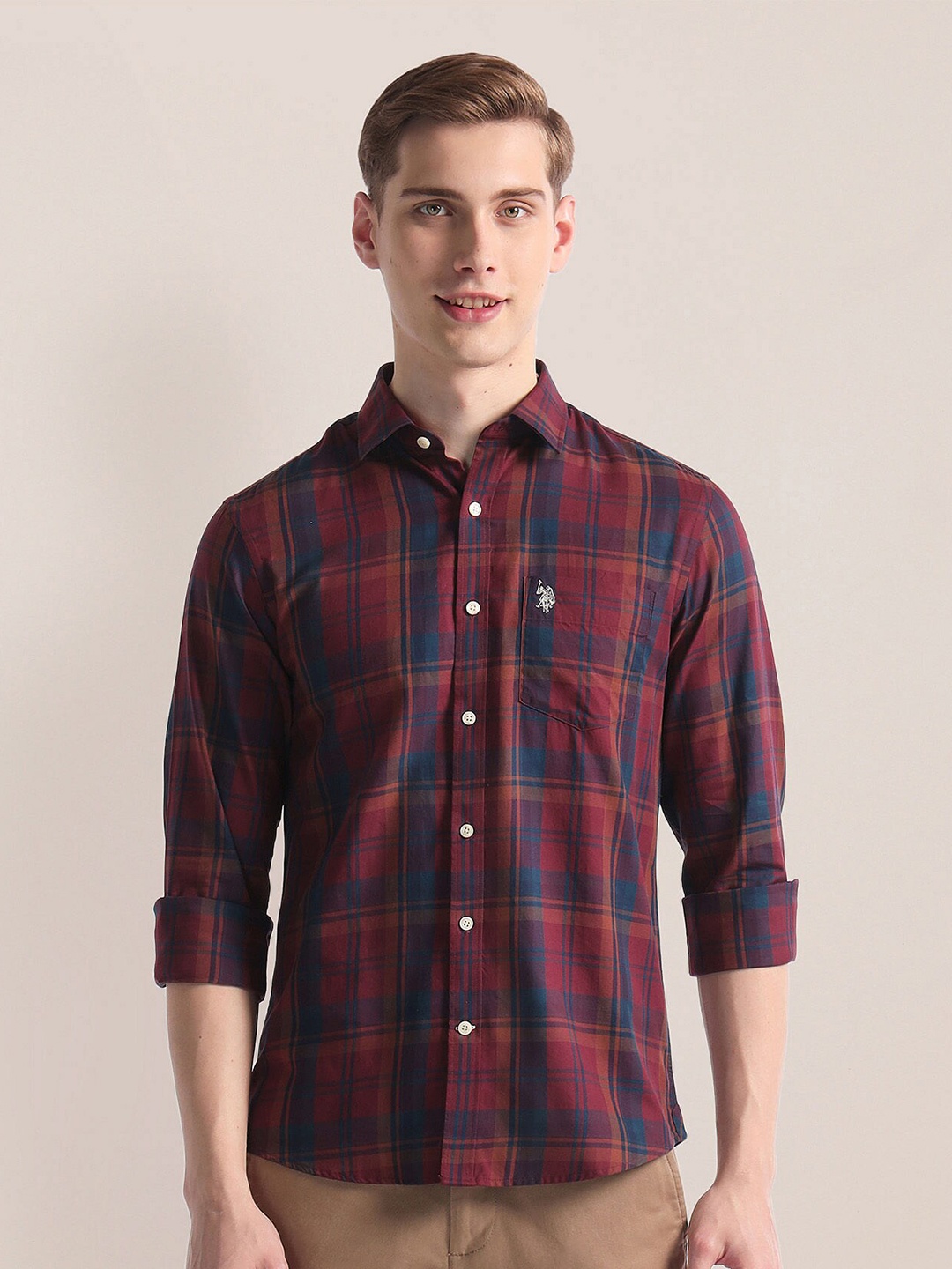 

U.S. Polo Assn. Tartan Checked Spread Collar Twill Casual Shirt, Red