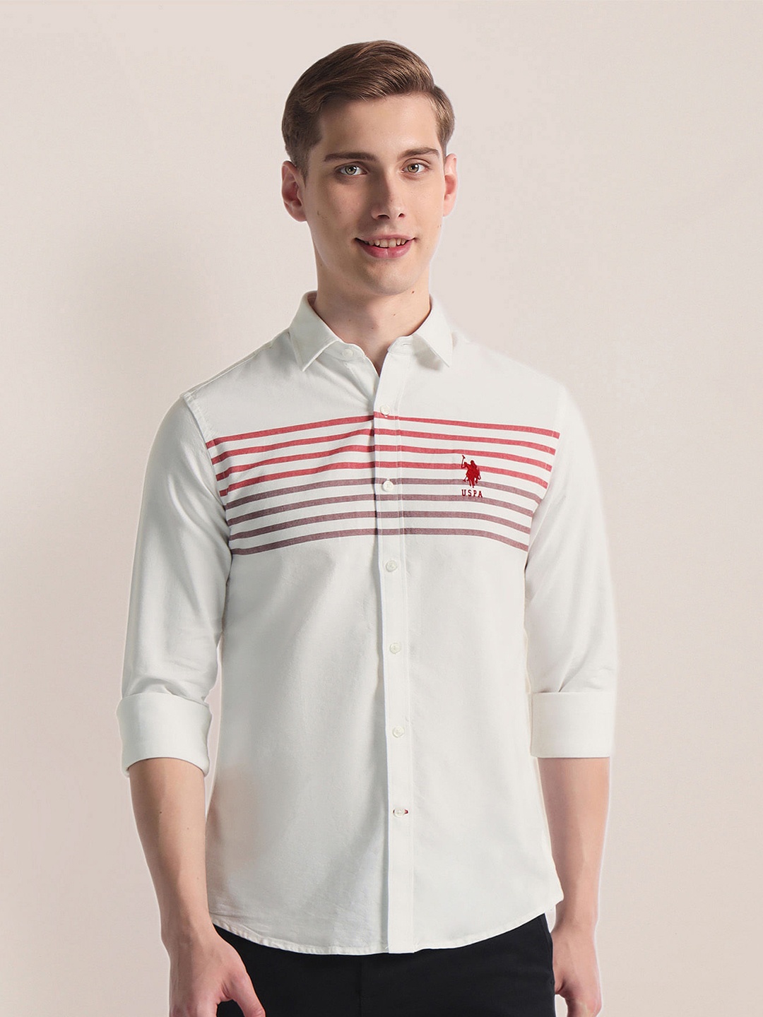 

U.S. Polo Assn. Horizontal Striped Twill Spread Collar Casual Shirt, White